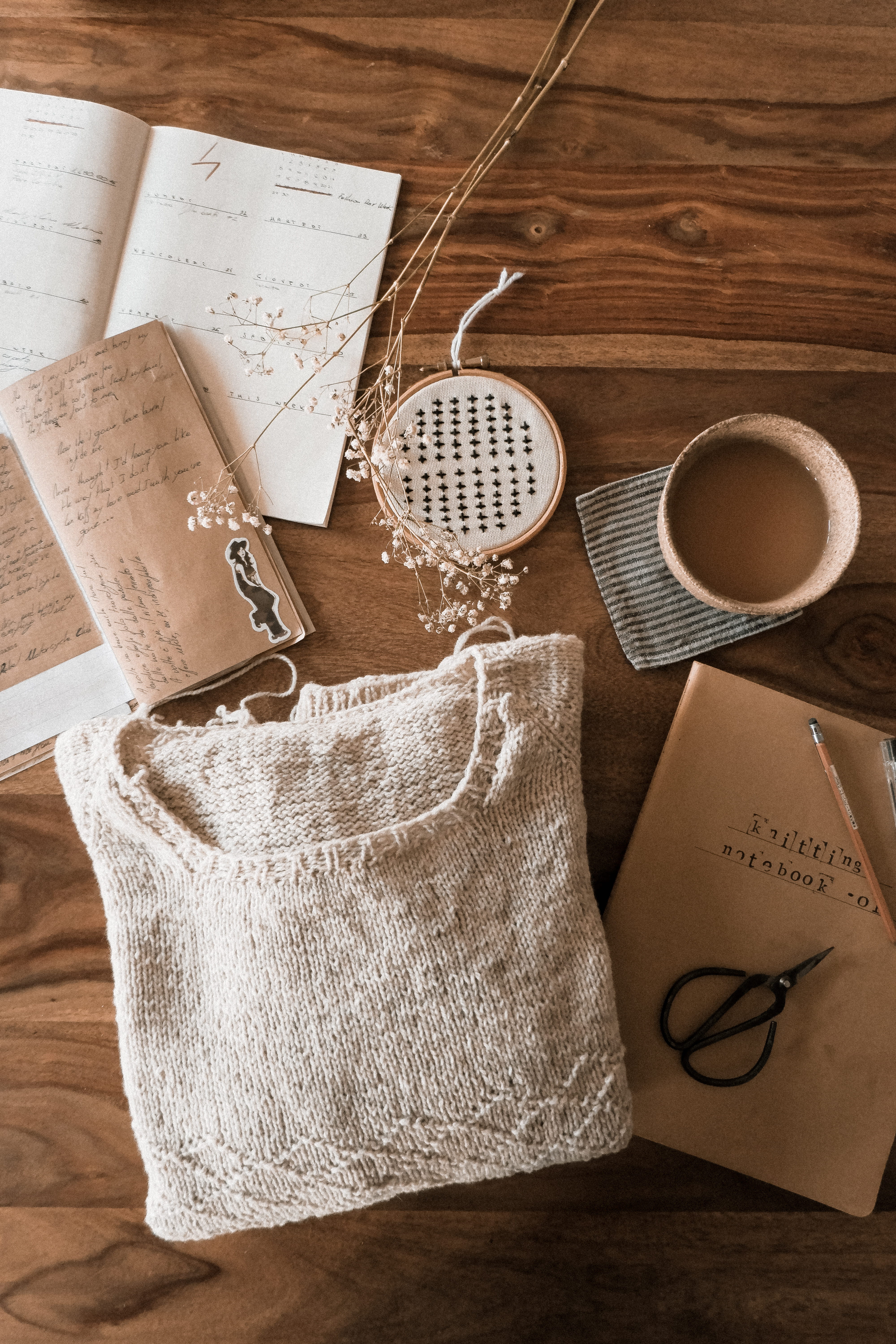 sweater, table, plant, book, craft, high angle view, publication, vase, d.i.y., pottery, rug, art and craft, no people, crafting, home decor, cup, wood - material, Phone HD Wallpaper