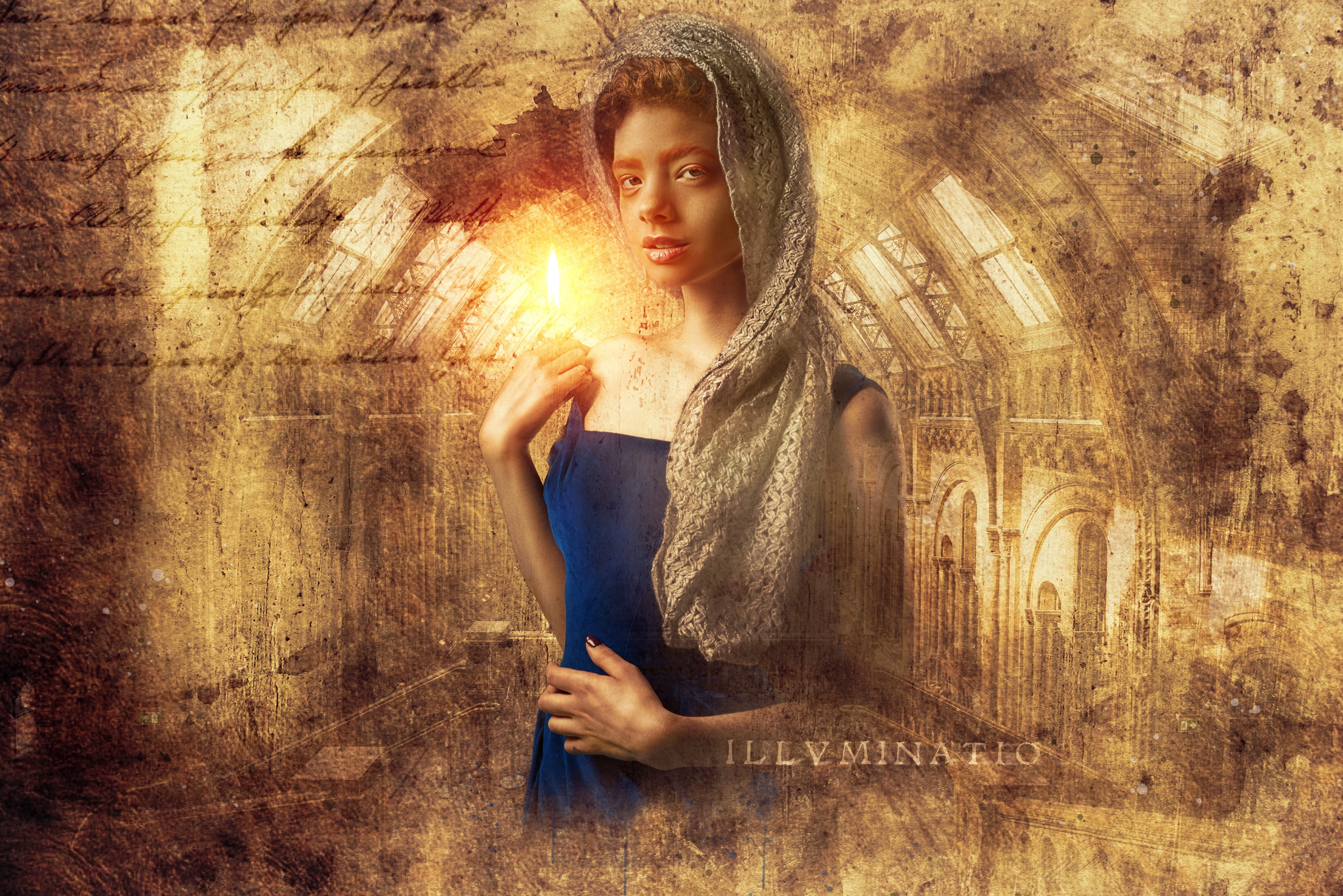 fantasy portrait, model, woman, portrait, standing, illumination text, young, 4K, wall - building feature, female, one person, illuminati, contemplation, HD Wallpaper