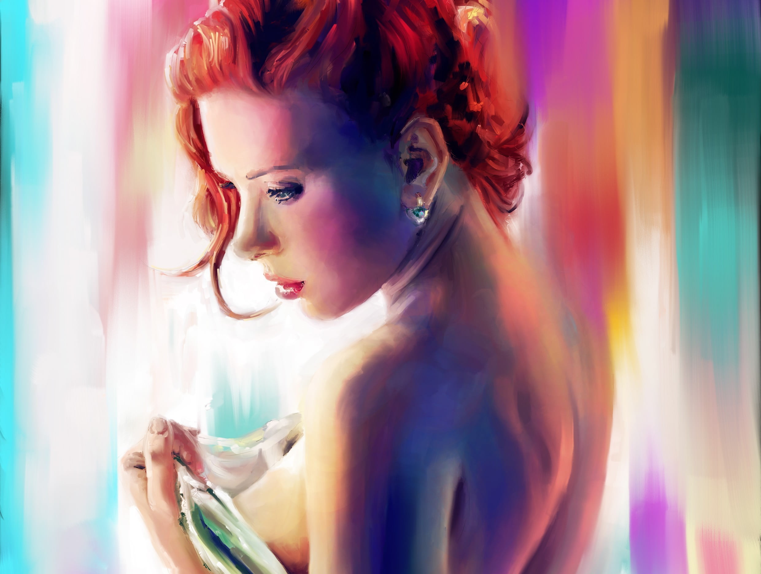 make-up, painting, indoors, young women, redhead, woman, color, one person, lipstick, 1080P, art, hair, looking at camera, portrait, headshot, women, girl, HD Wallpaper