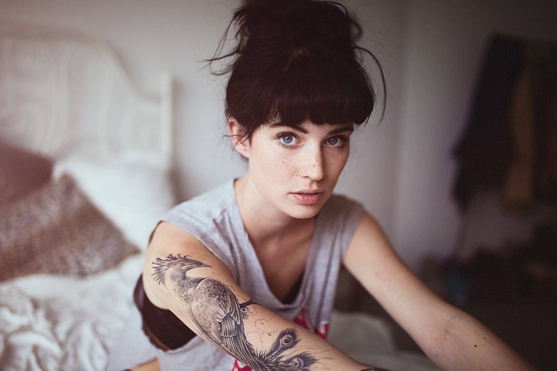 scarlett simoneit, tattoos, Girls, 1080P, blue eyes, freckles, model, HD Wallpaper
