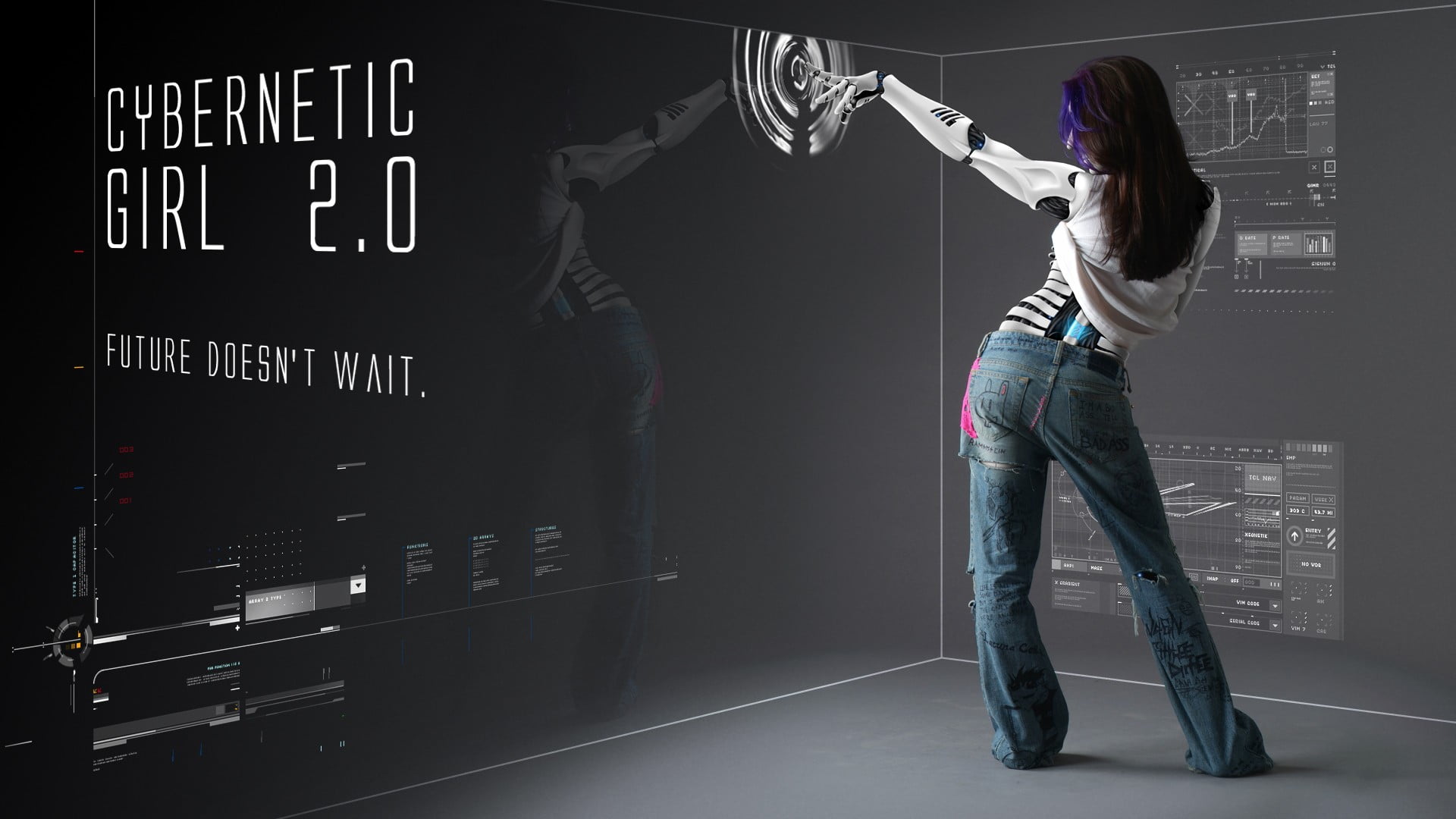 music, robot, digital composite, full length, 1080P, denim, child, jeans, offspring, people, s, two people, holding, women, digital art, arts culture and entertainment, HD Wallpaper