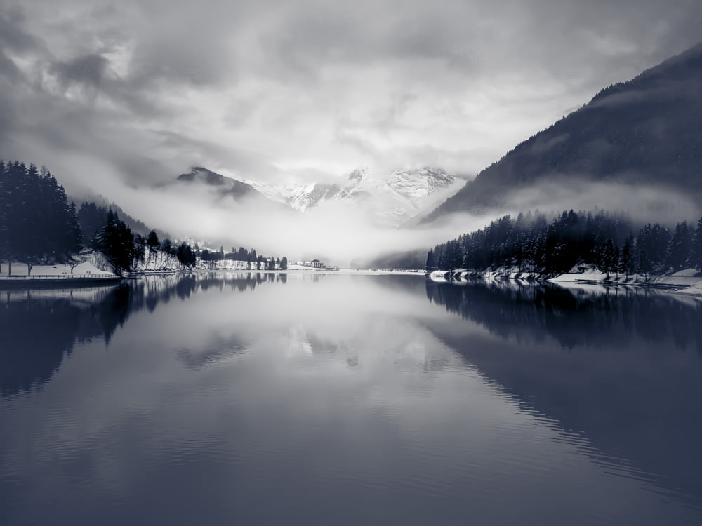 panoramic, sky, beauty In Nature, black and white, olympus, panoramic photo, fog, grayscale, water, photo, snowy mountains, forest, emotions, tree, winter, HD Wallpaper