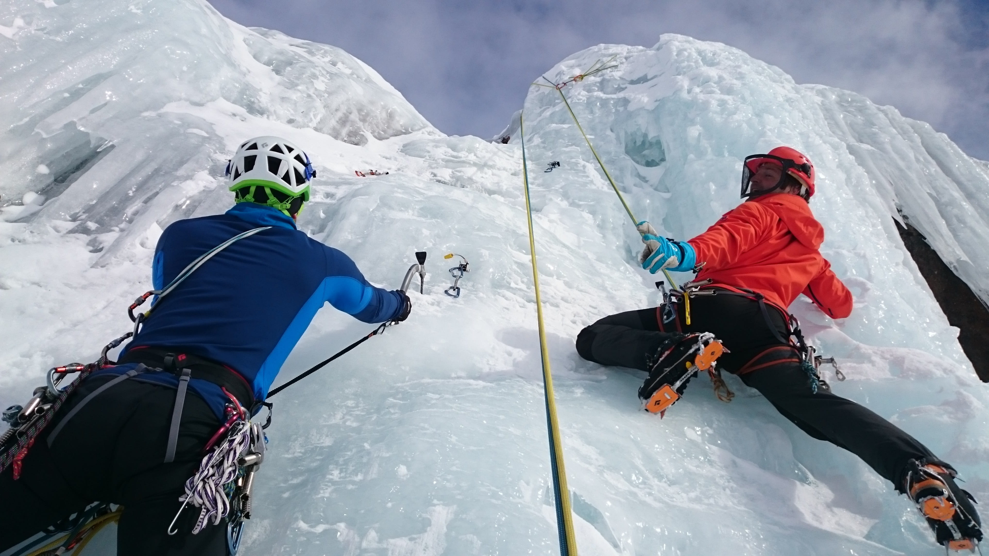 ice climbing, men, ice ax, sports equipment, sport, climbing, nature, effort, adult, two, ice tools, extreme sports, ice screw, people, ice, males, mountain climbing, HD Wallpaper
