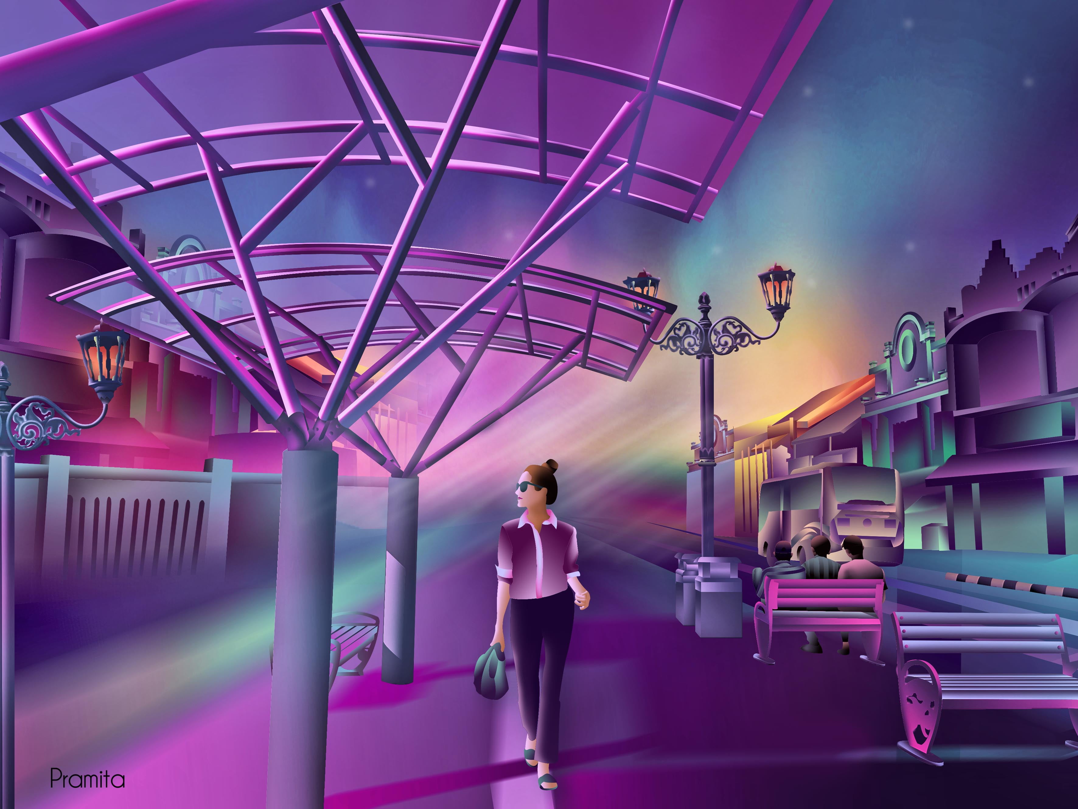 backgroud, street background, neon colors, girl, digital art, alone, dawn of darkness, city, illustration, purple colors, cyberpunk, painting, 2K, HD Wallpaper