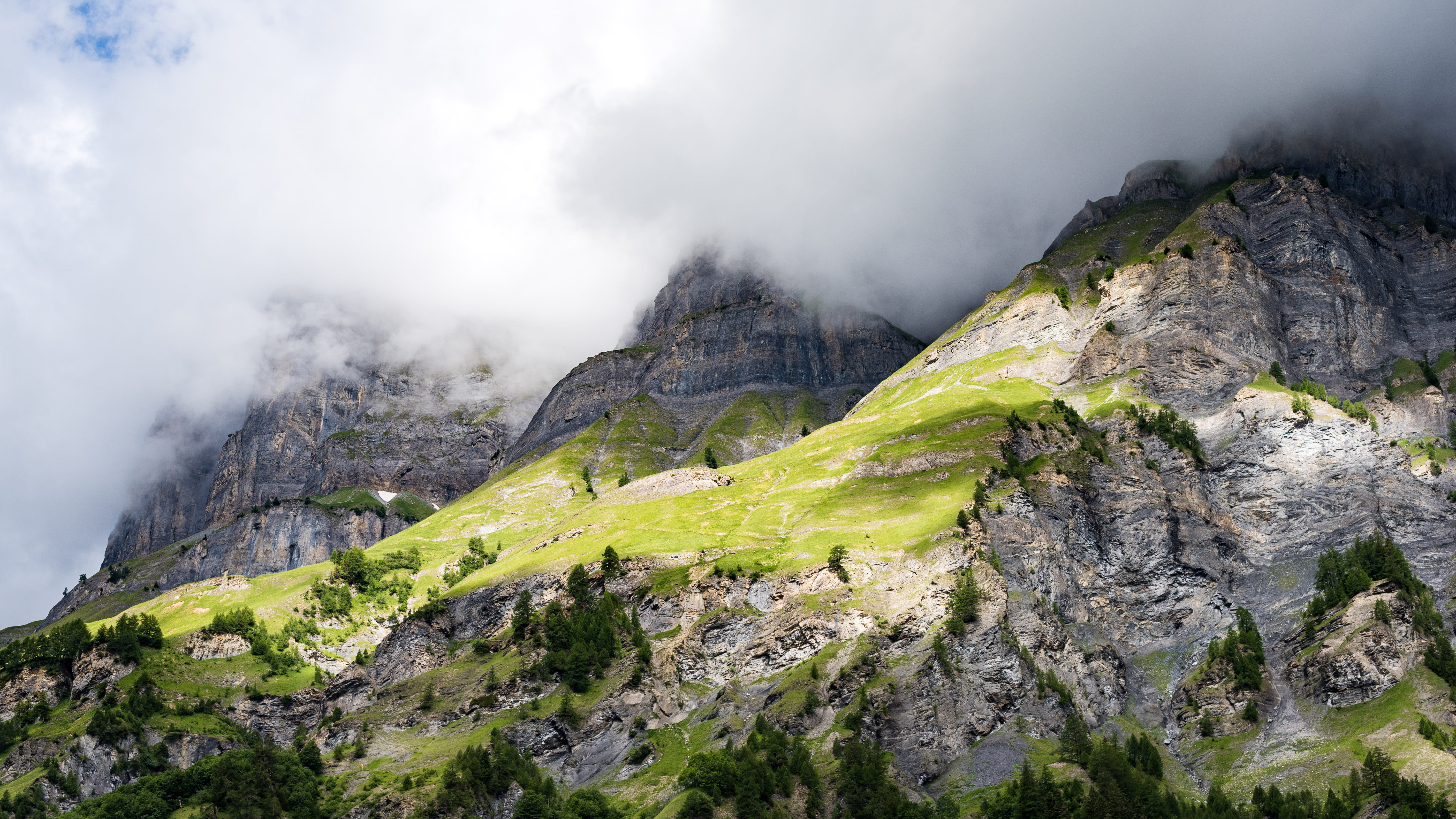 gray, fog, tree, ice, mountain, plant, switzerland, rock - object, slope, clouds, nature, grass, scenics - nature, geology, land, solid, white, landscape, HD Wallpaper