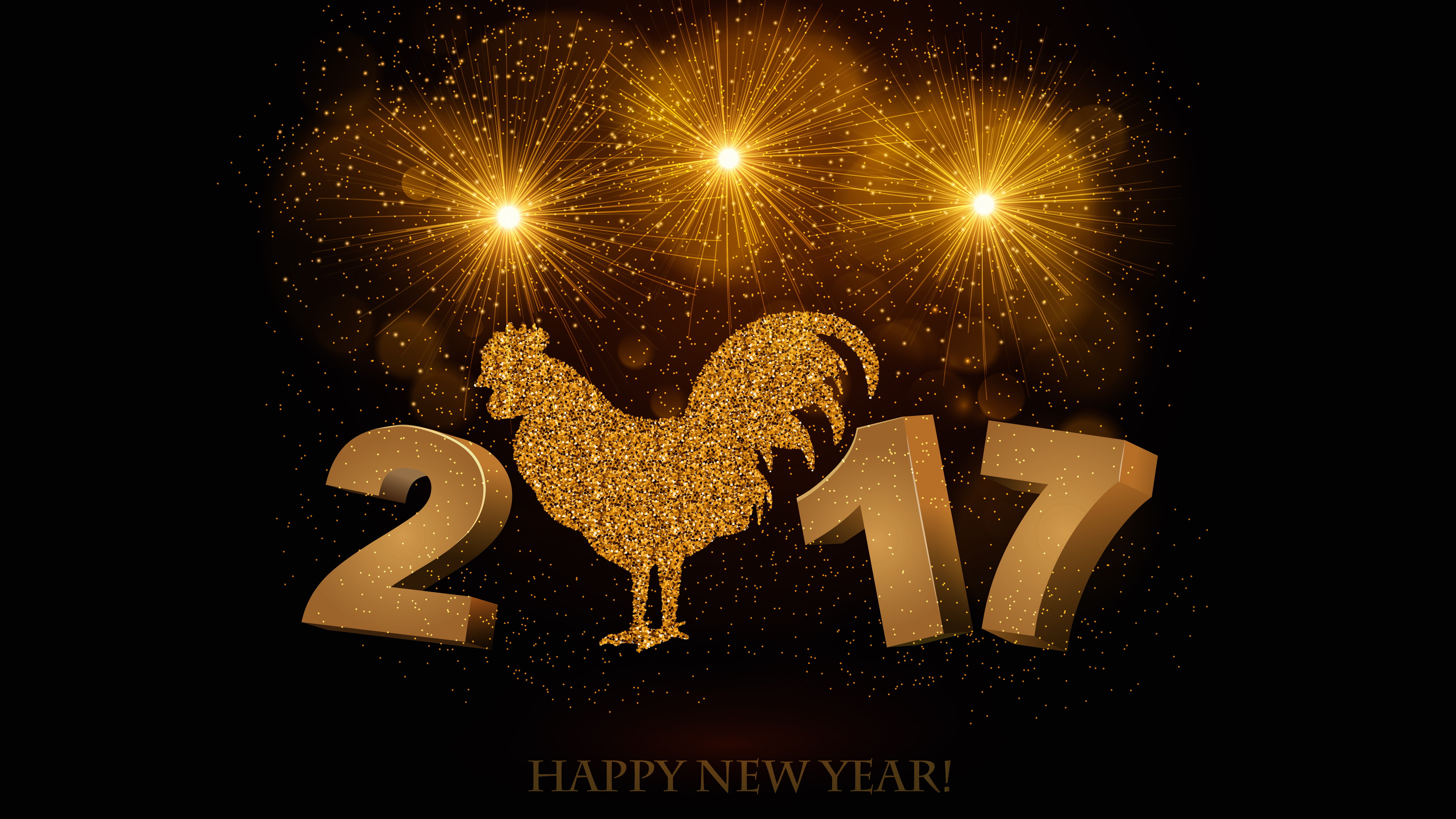gold, the inscription, fireworks, black, salute, cock, lights, new year, Shine, figures, symbol of the year, letters, happy new year, symbol, new 2017, HD Wallpaper