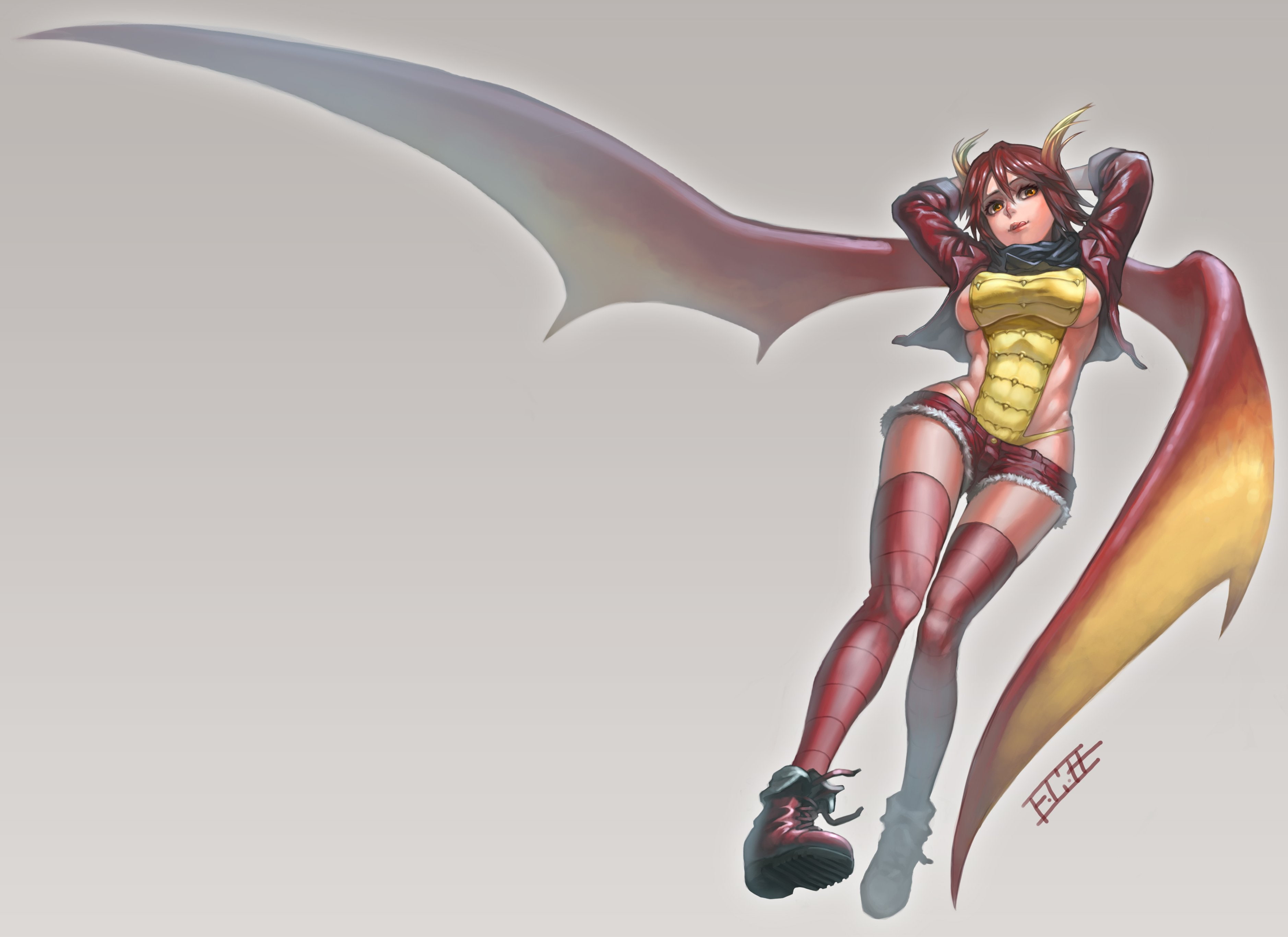 shorts, boots, thighhighs, anthropomorphism, hair, gamerag, rodan, 2K, wings, red, HD Wallpaper
