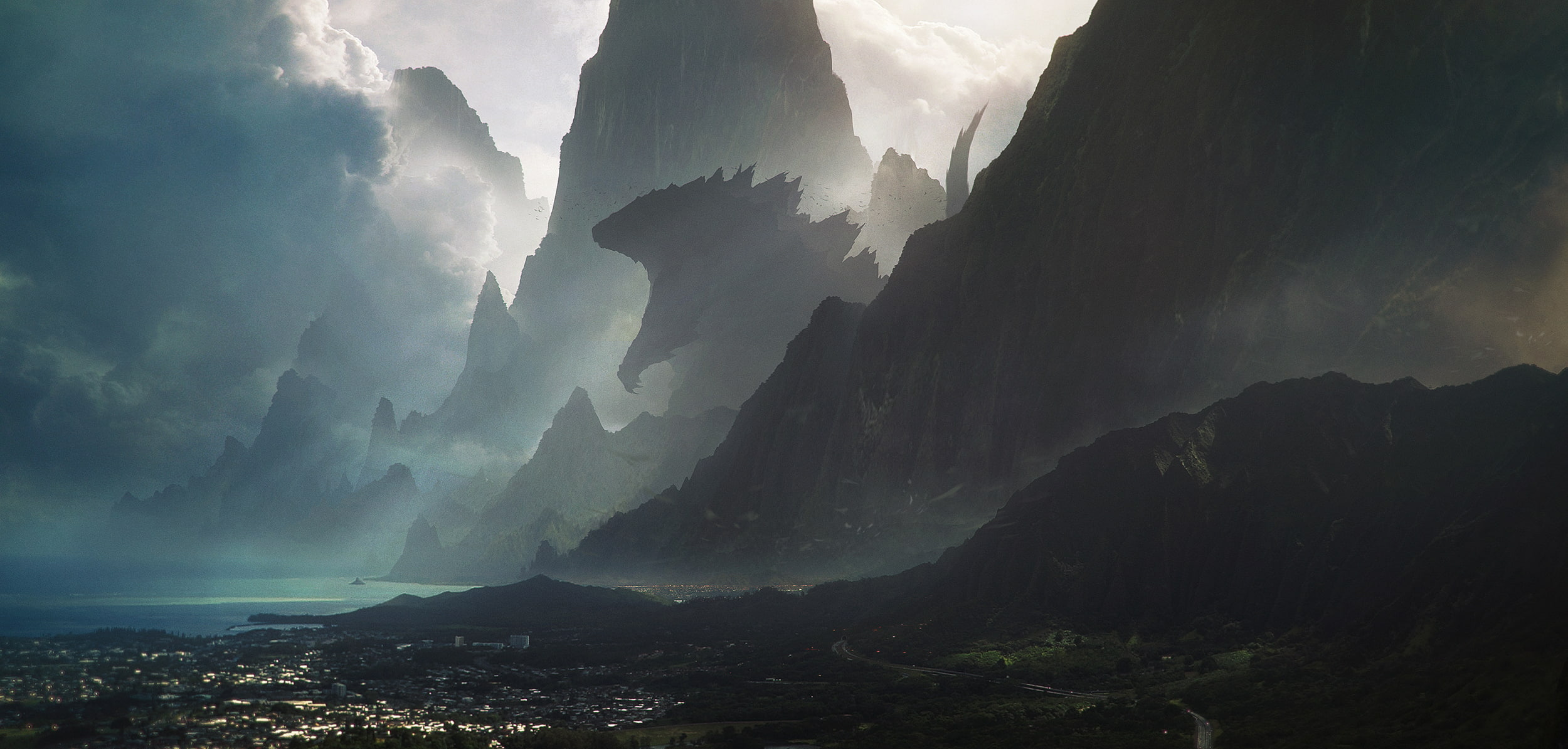 mountains, godzilla, 1080P, the city, monster, hawaii, giant, rocks, fiction, HD Wallpaper
