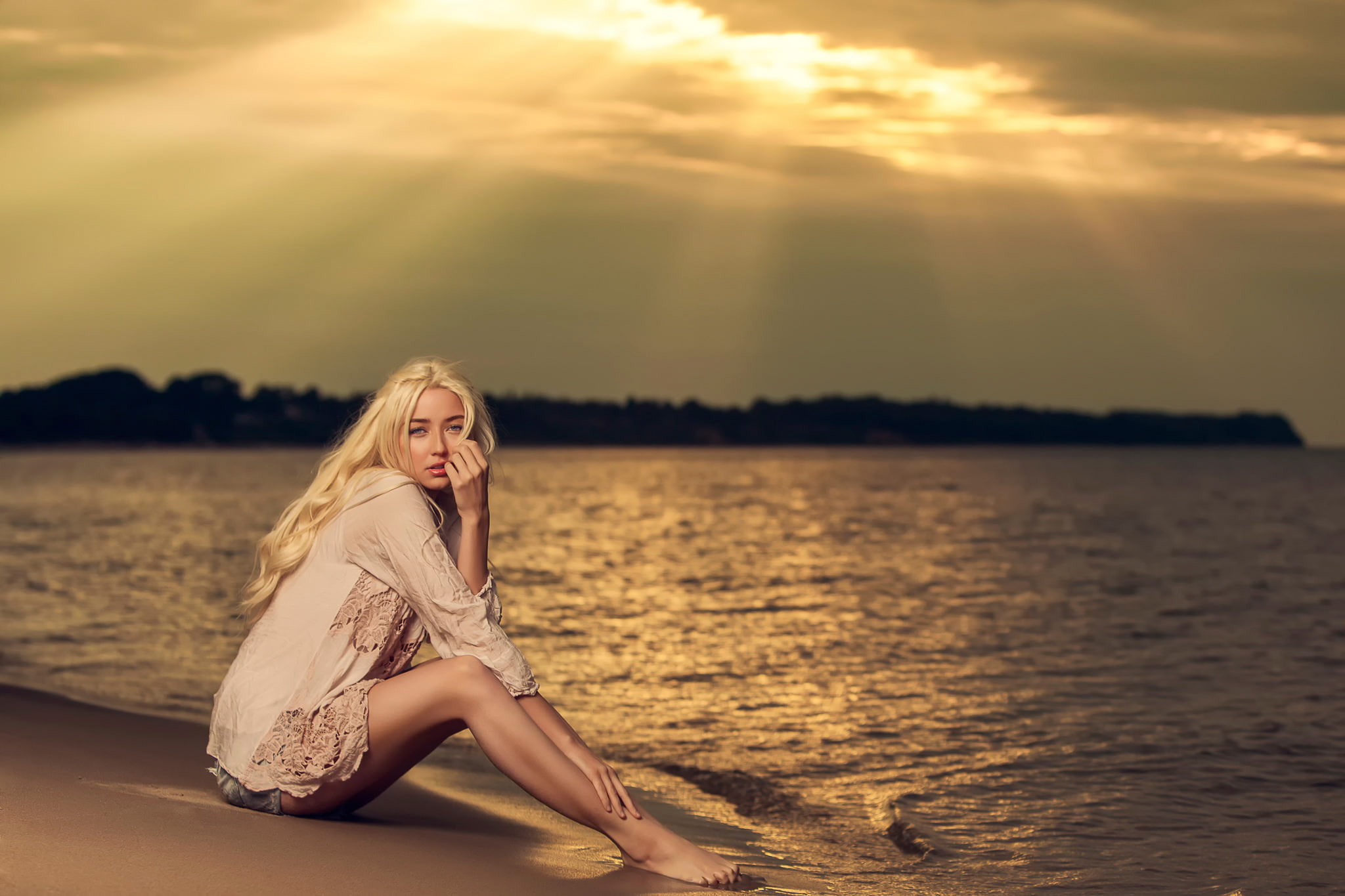 long, beach, surf, blouse, shorts, s, dress, 1080P, beige, women, Thea, sleeved, HD Wallpaper