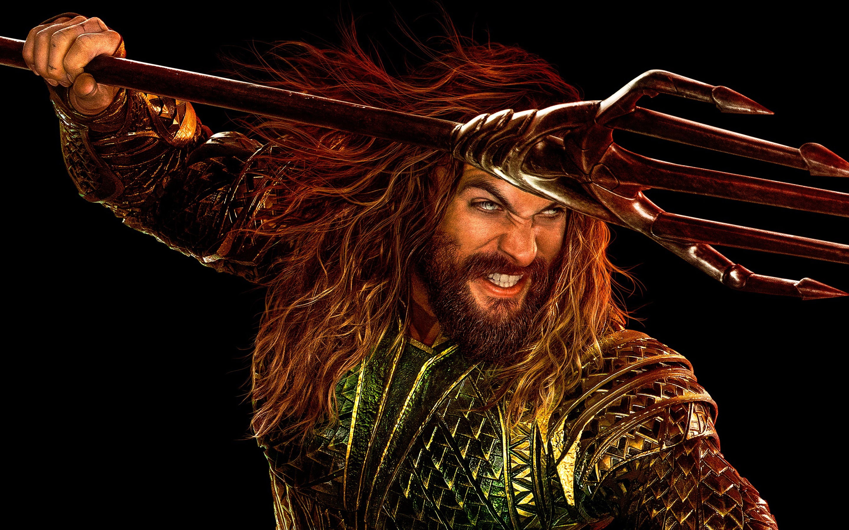 Aquaman, DC Comics, poster, Trident, black background, Arthur Curry, 2K, armor, comic, Jason Momoa, Justice League, fiction, HD Wallpaper