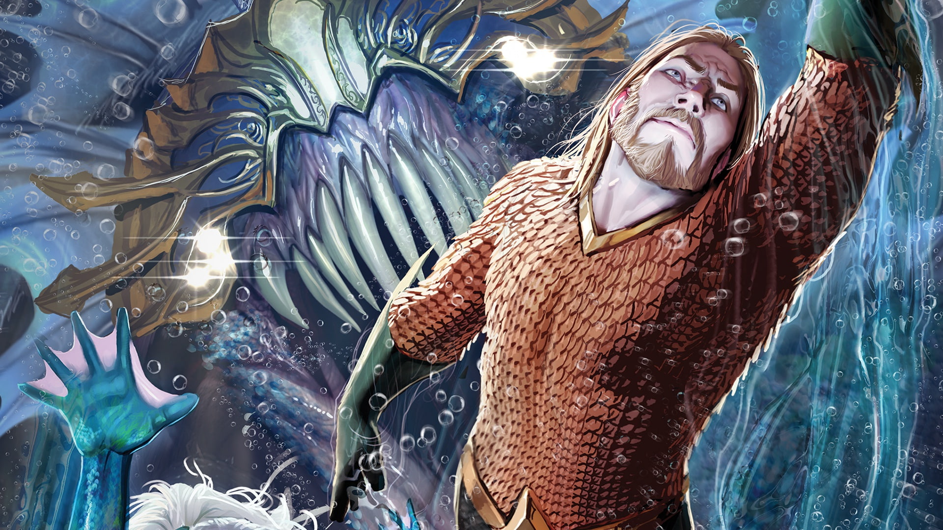 Aquaman, Sea monster, Artist, Teeth, DC Comics, Superhero, Beard, Figure, Arthur Curry, Comics, Water, Costume, Stjepan Sejic, Comic, Rebirth, 1080P, Hero, HD Wallpaper