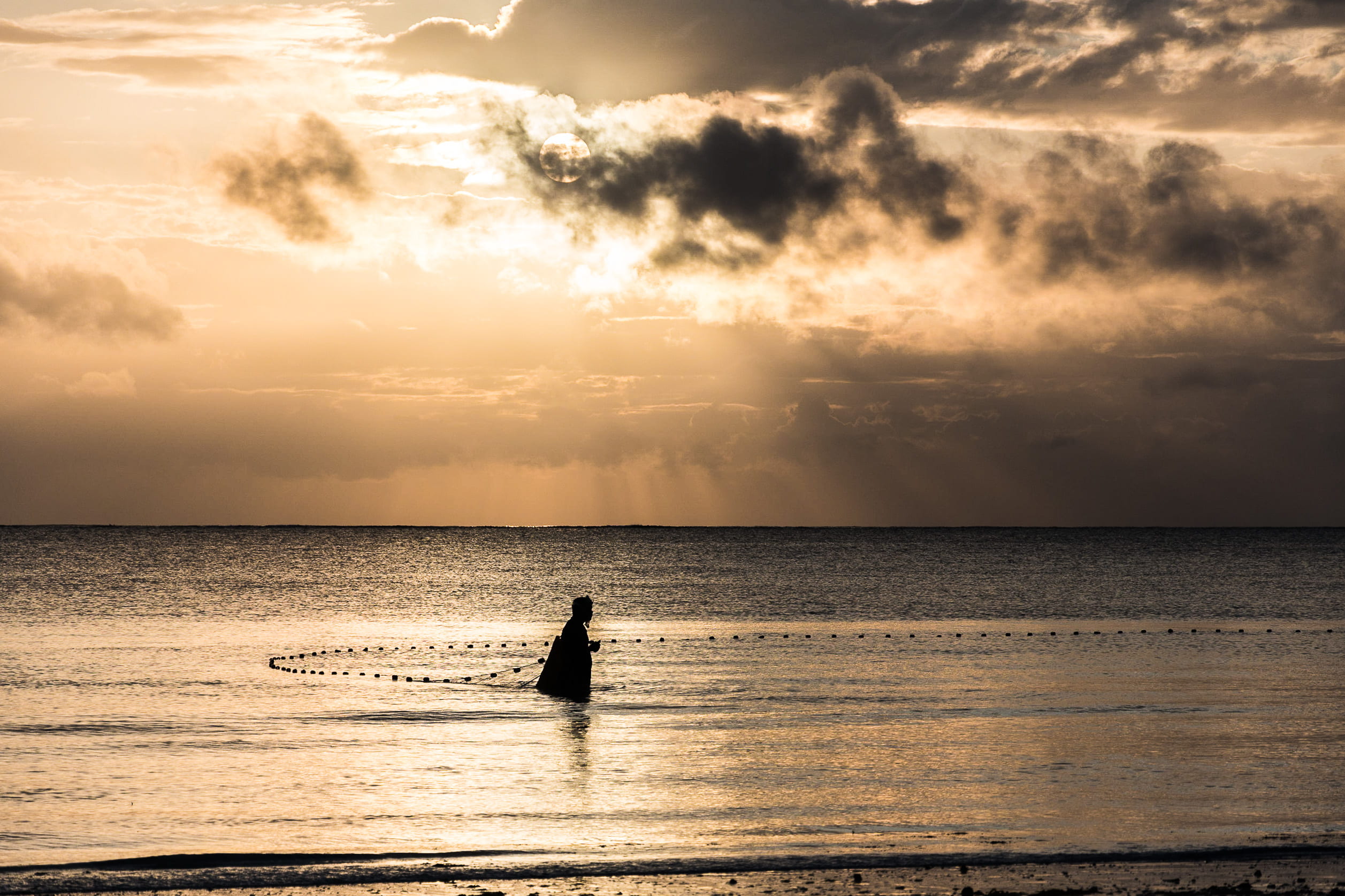 body, reflection, one person, fish, sky, working, outdoors, man, silhouette, farm, sun beam, horizon, fisher, fishing, beach, water, walking, tranquil scene, HD Wallpaper