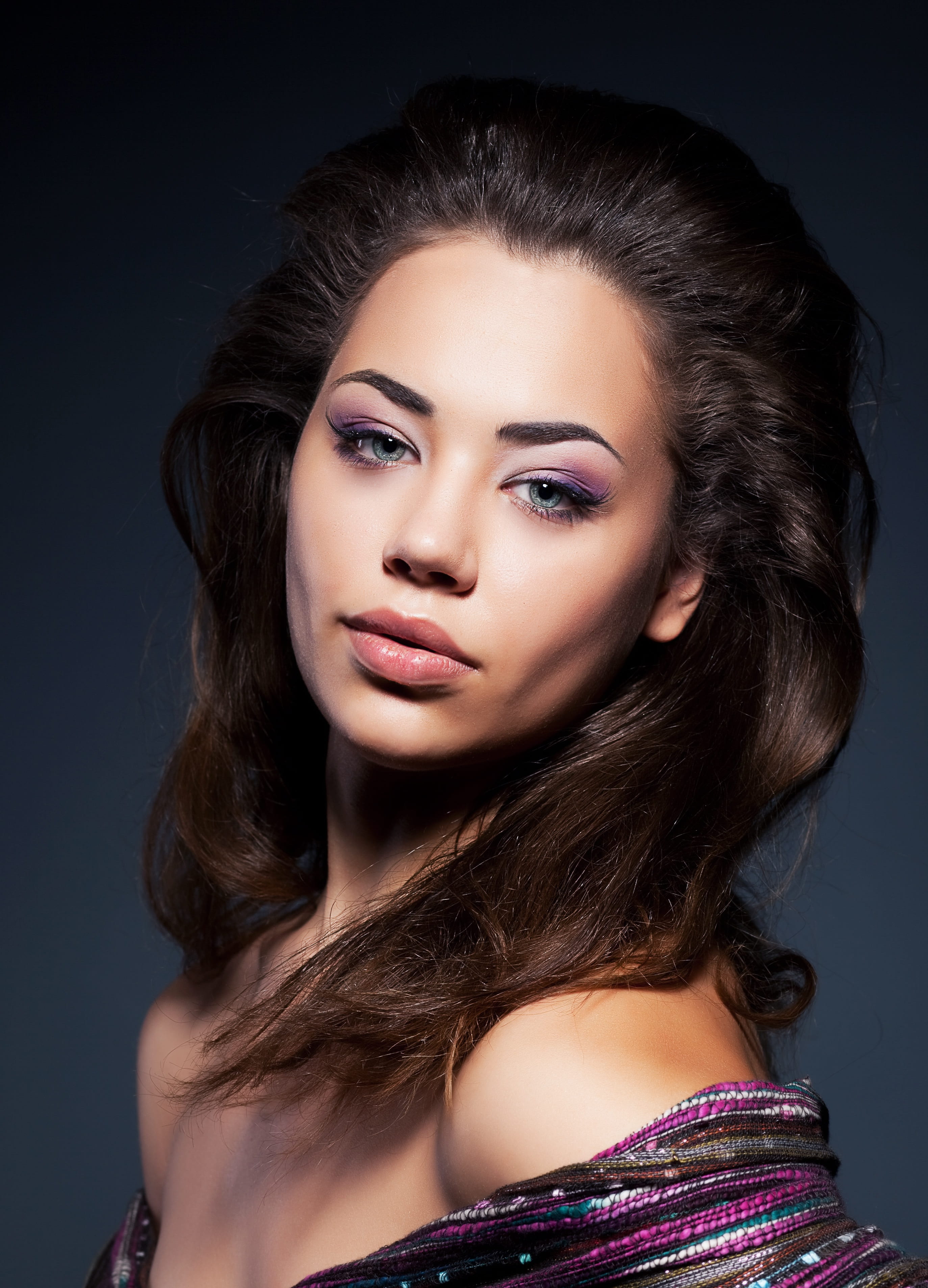 hair, long hair, studio, indoors, fashion model, closeup, young women, fashion, charm, maciej, one person, make-up, looking at camera, purple, girl, black background, Phone HD Wallpaper