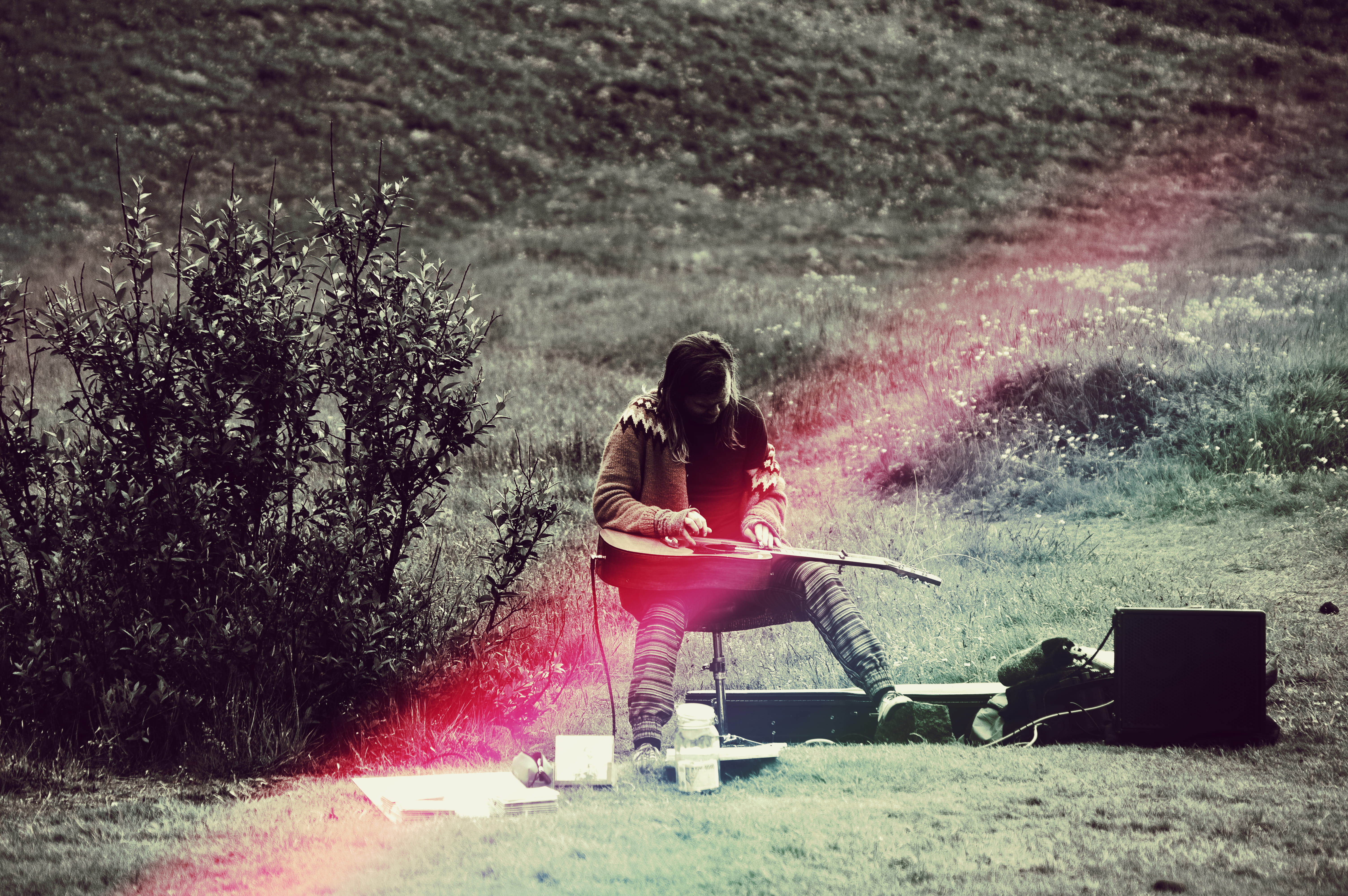 day, music, plant, iceland, people, guitar, women, sunlight, bench, rear view, outdoors, adult, full length, pentax, portait, leisure activity, chair, light leak, HD Wallpaper