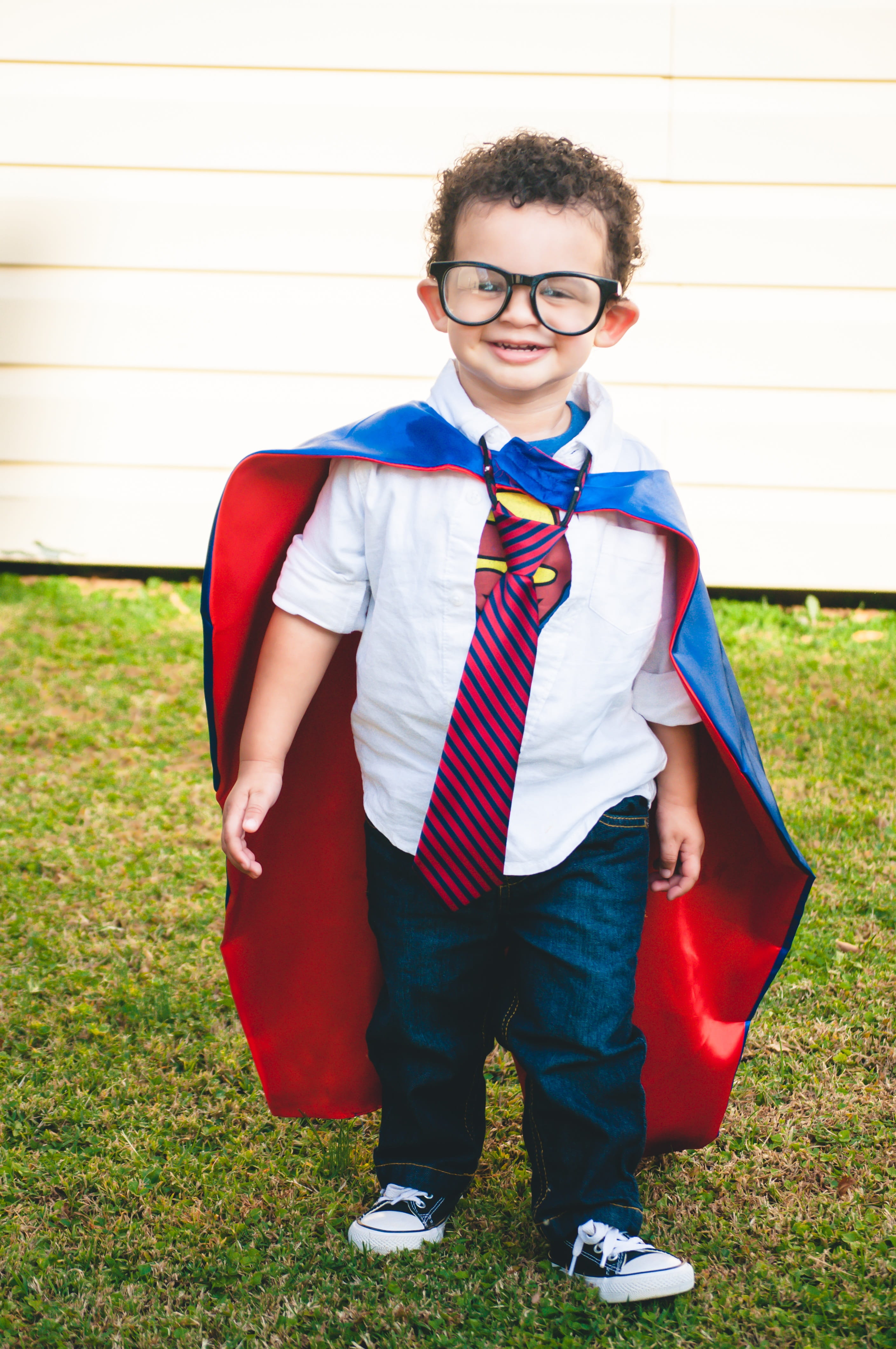 hairstyle, boy, real people, super, glasses, fun, full length, cape, standing, play, day, hero, portrait, red, looking at camera, eyeglasses, imagination, Phone HD Wallpaper