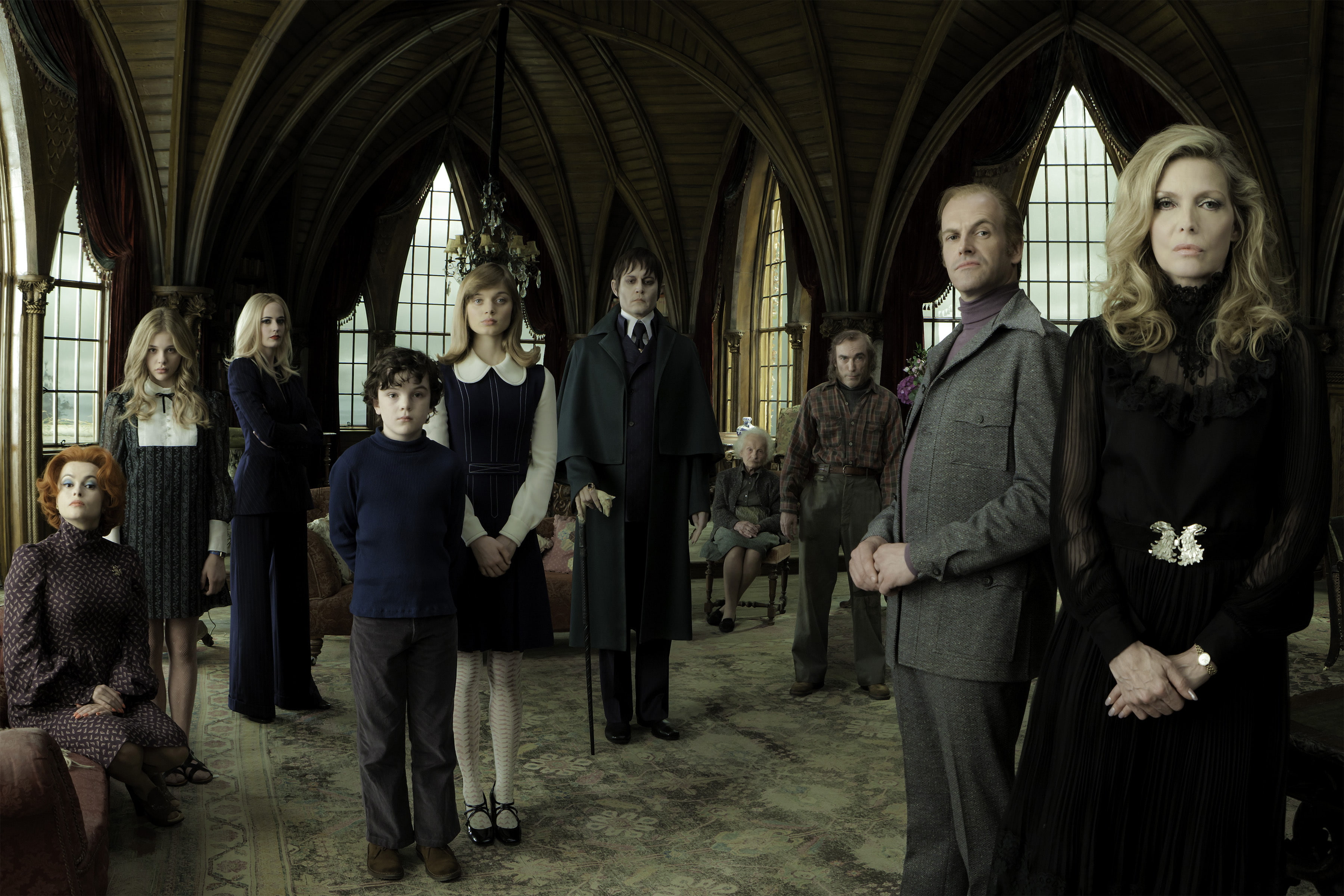 Jackie Earle Haley, Chloe Grace Moretz, group of people, adult, teenager, Helena Bonham Carter, clothing, religion, standing, Johnny Depp, black, people, HD Wallpaper