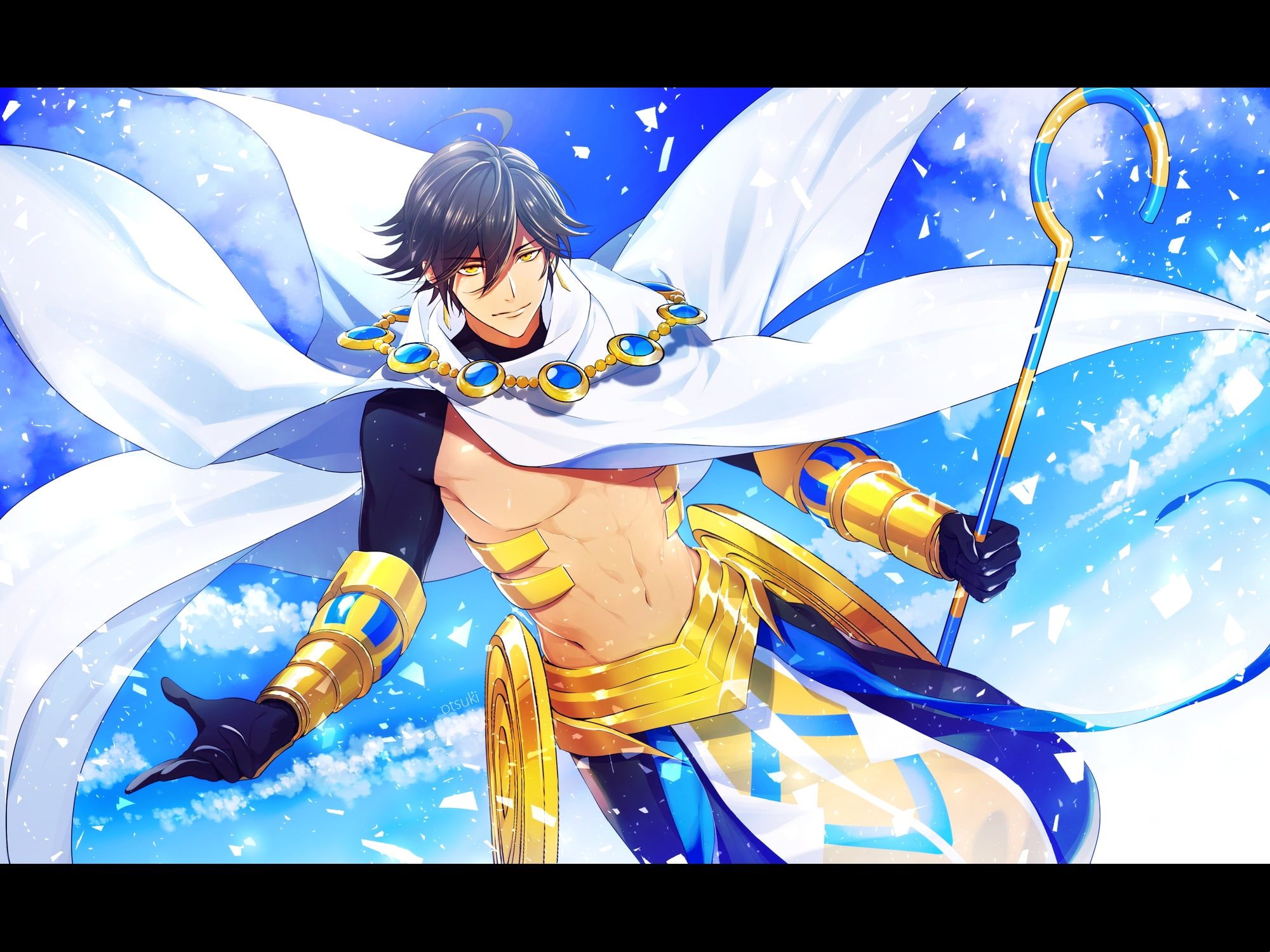 fate, black, staff, tagme, yellow, (series), short, 253842, com, all, eyes, konachan, hair, wristwear, (artist), ozymandias, necklace, gloves, male, cape, HD Wallpaper