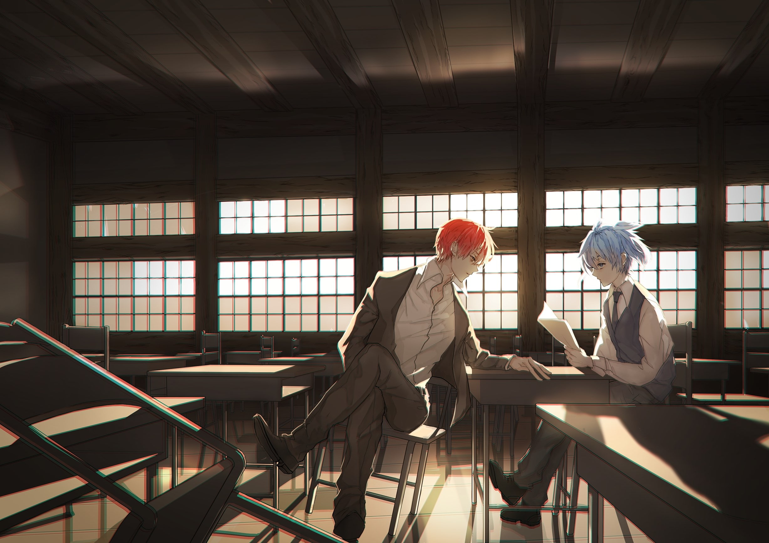 two people, young women, assassination classroom, males, adult, three quarter length, indoors, standing, architecture, togetherness, 1080P, communication, HD Wallpaper