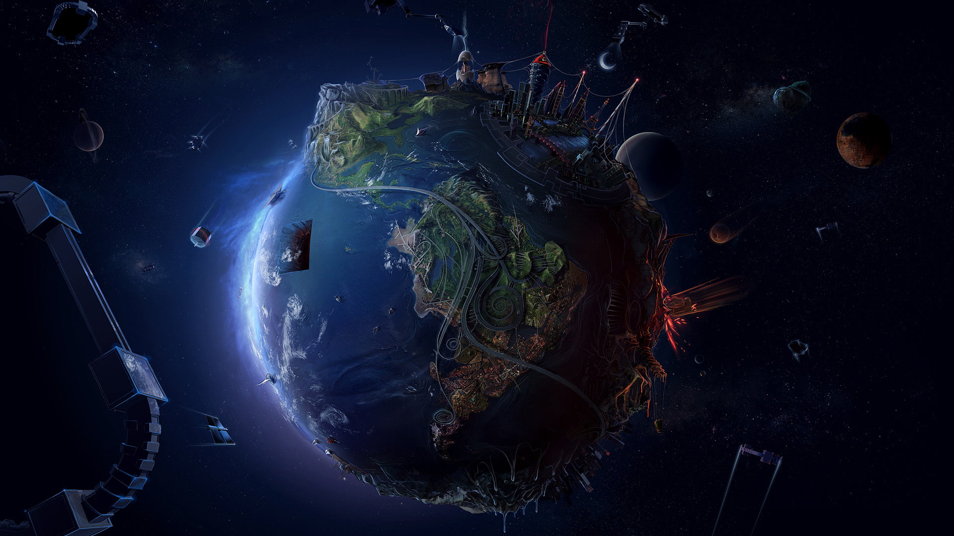 1080P, building, Inhabited, Fantasy, ship, small, planet, 1920x1080, HD Wallpaper