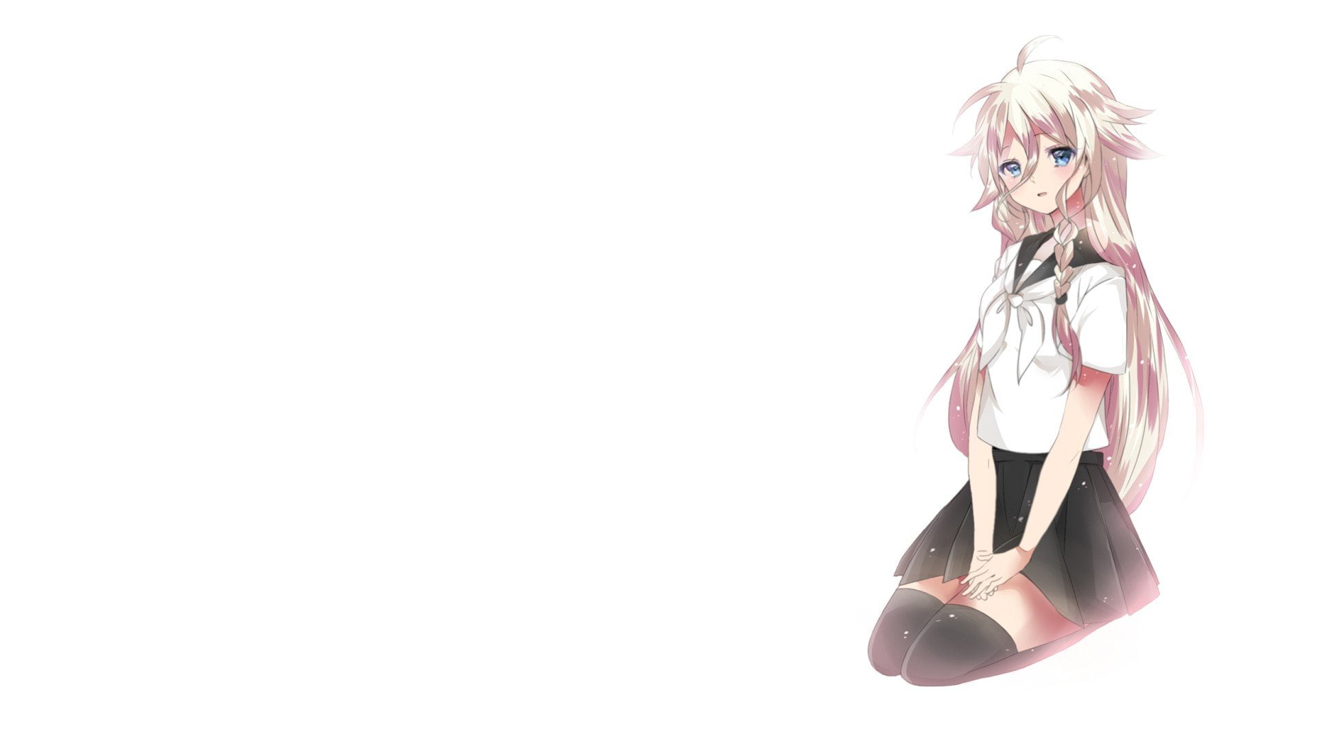 sitting, white, simple, braids, mouth, anime, tie, thigh, hair, long, vocaloid, shirts, eyes, blue, 1080P, ahoge, blush, school, girls, skirts, highs, HD Wallpaper