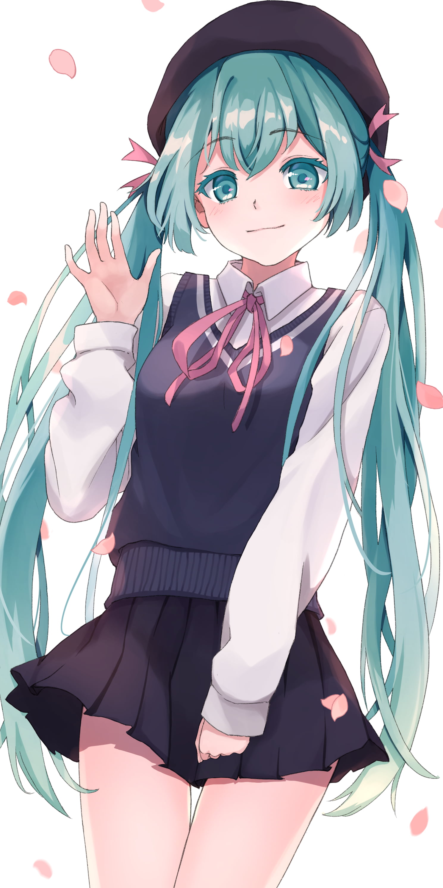 smiling, Vocaloid, simple background, long hair, school uniform, blue skirt, vertical, ponytail, skirt, 2K, artwork, portrait display, blue eyes, anime, Phone HD Wallpaper