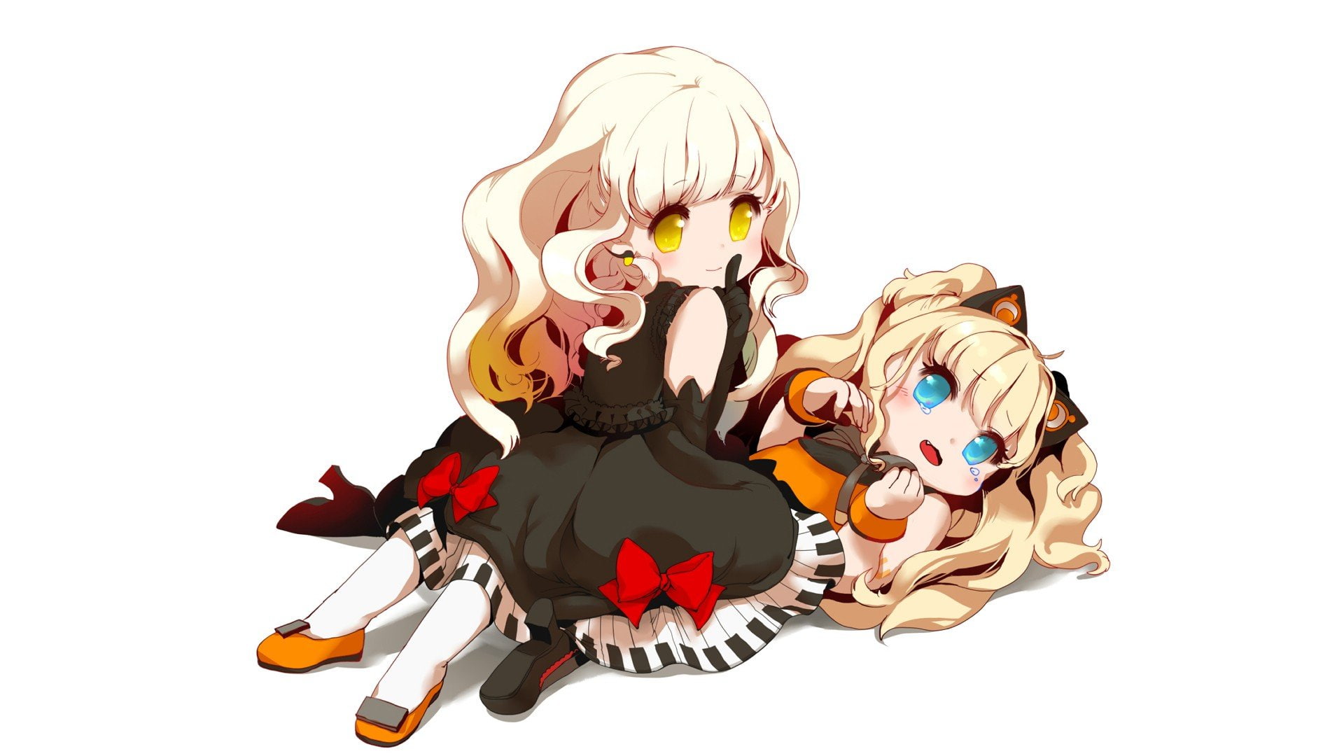 earrings, mayu, fangs, sitting, lying, gloves, eyes, blue, shoes, long, seeu, open, tears, simple, girls, shoulders, ahoge, crying, anime, yellow, 1080P, HD Wallpaper