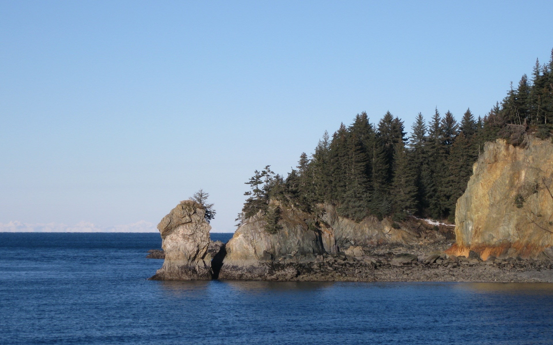 day, tranquility, waterfront, outdoors, tree, land, beauty in nature, blue, water, copy space, clear sky, cool background pictures nature 1920x1200, stack rock, HD Wallpaper
