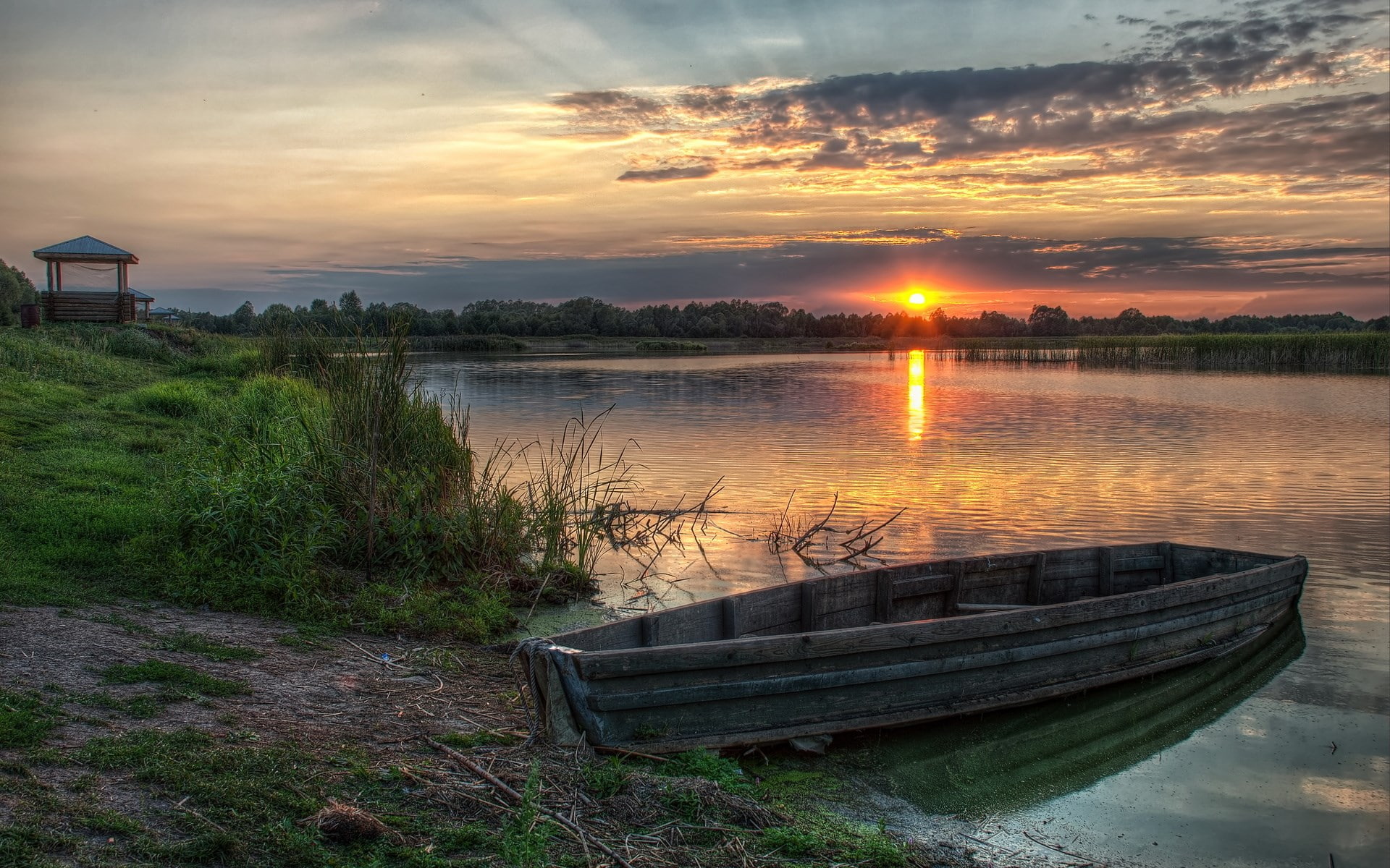 cloud - sky, pictures background nature 1920x1200, non-urban scene, nature, plant, sky, nautical vessel, sunset, tranquil scene, rowboat, reflection, land, HD Wallpaper