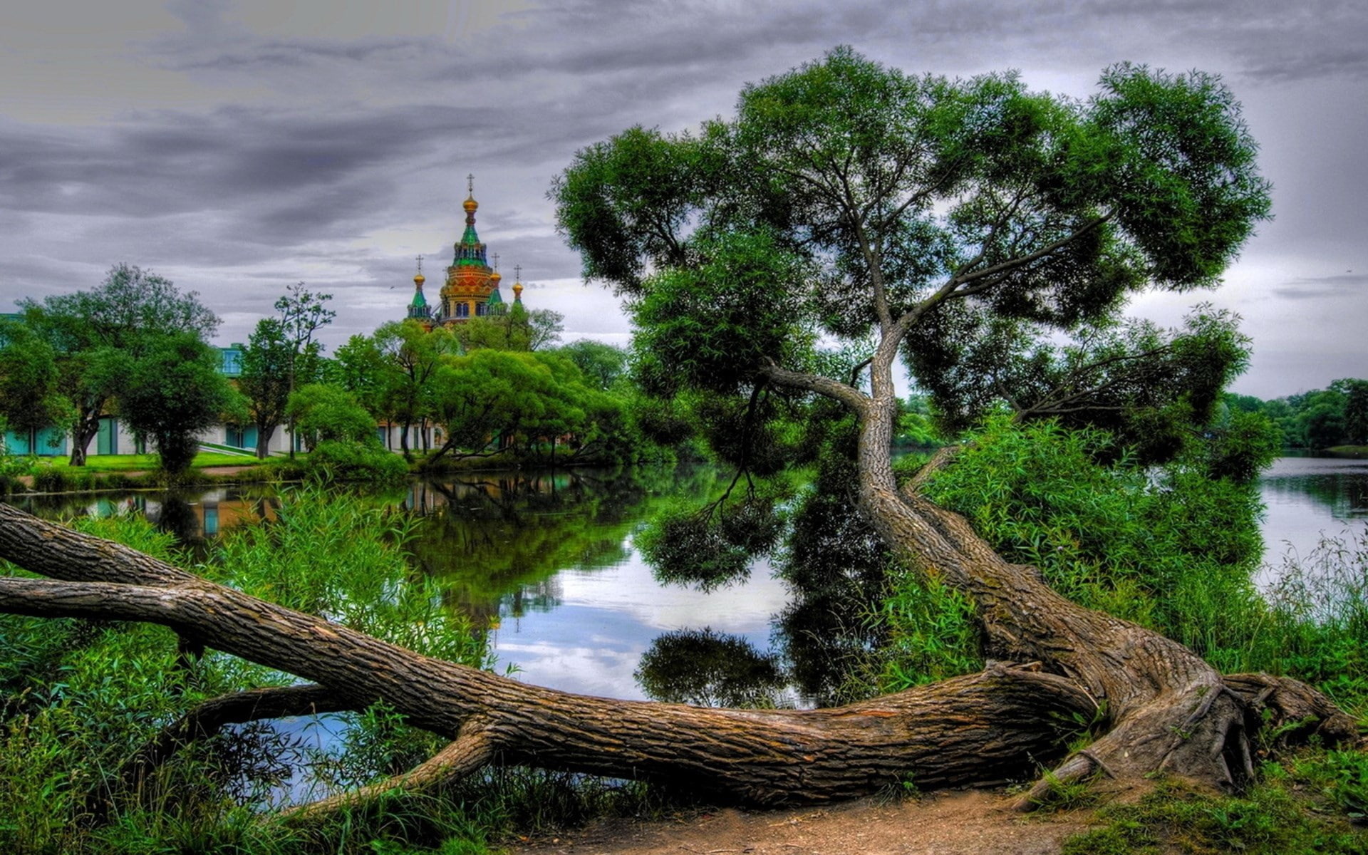 growth, image background nature hd 1920x1200, place of worship, water, 1080P, cloud - sky, green color, nature, built structure, river, no people, spirituality, HD Wallpaper