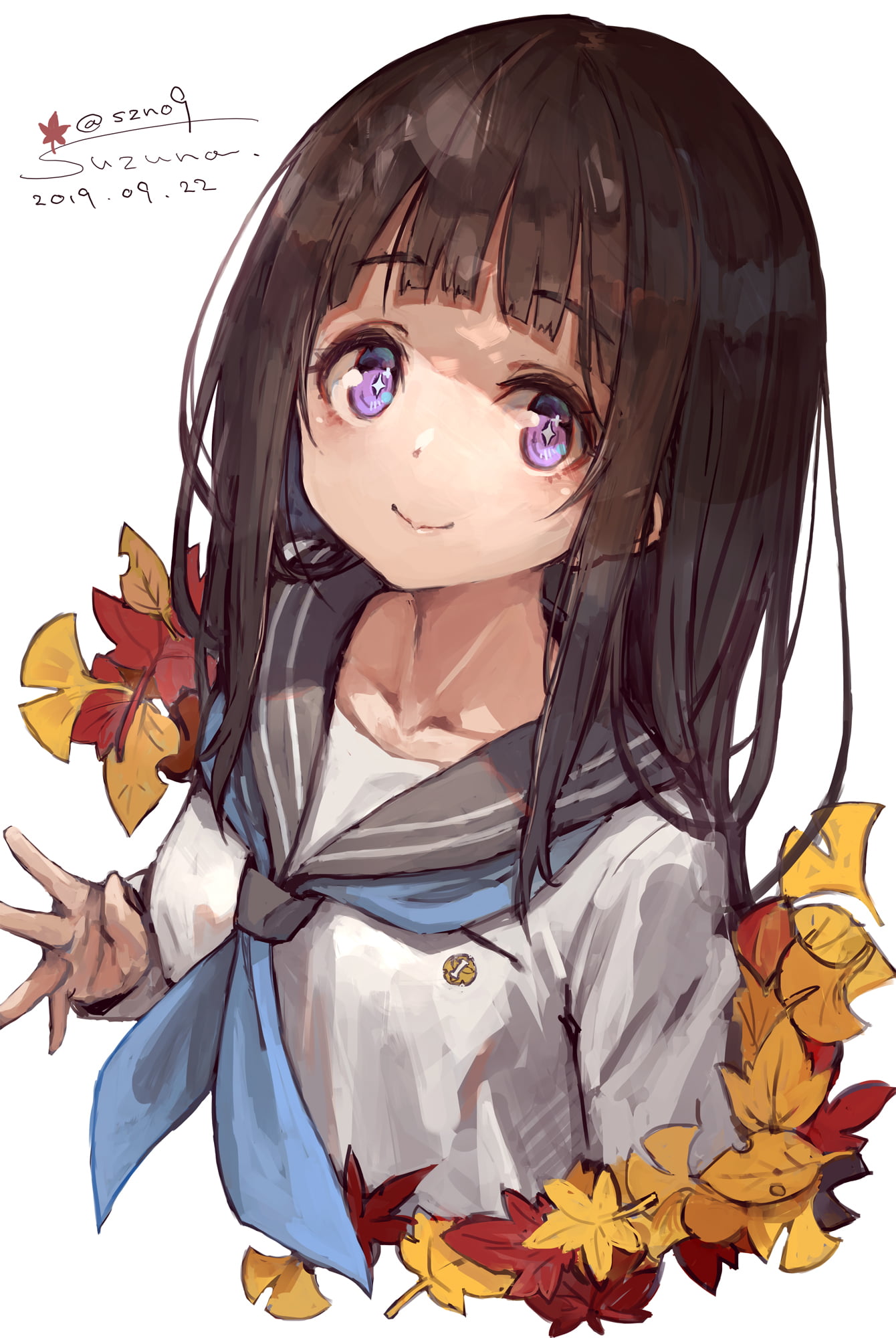 anime, black hair, Pixiv, sailor uniform, Chitanda Eru, illustration, portrait display, fan art, schoolgirl, digital art, 1080P, Suzuno, leaves, looking at viewer, Phone HD Wallpaper