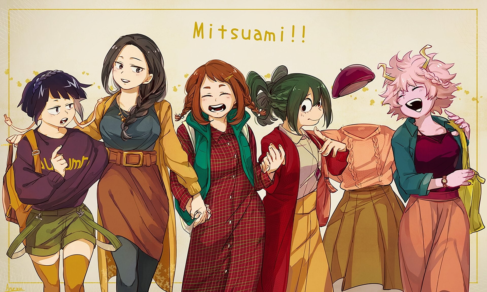 Belt, fun, Smile, clothing, mammal, Black Hair, Toru Hagakure, multi colored, creativity, Skirt, three quarter length, male likeness, Ochaco Uraraka, representation, HD Wallpaper