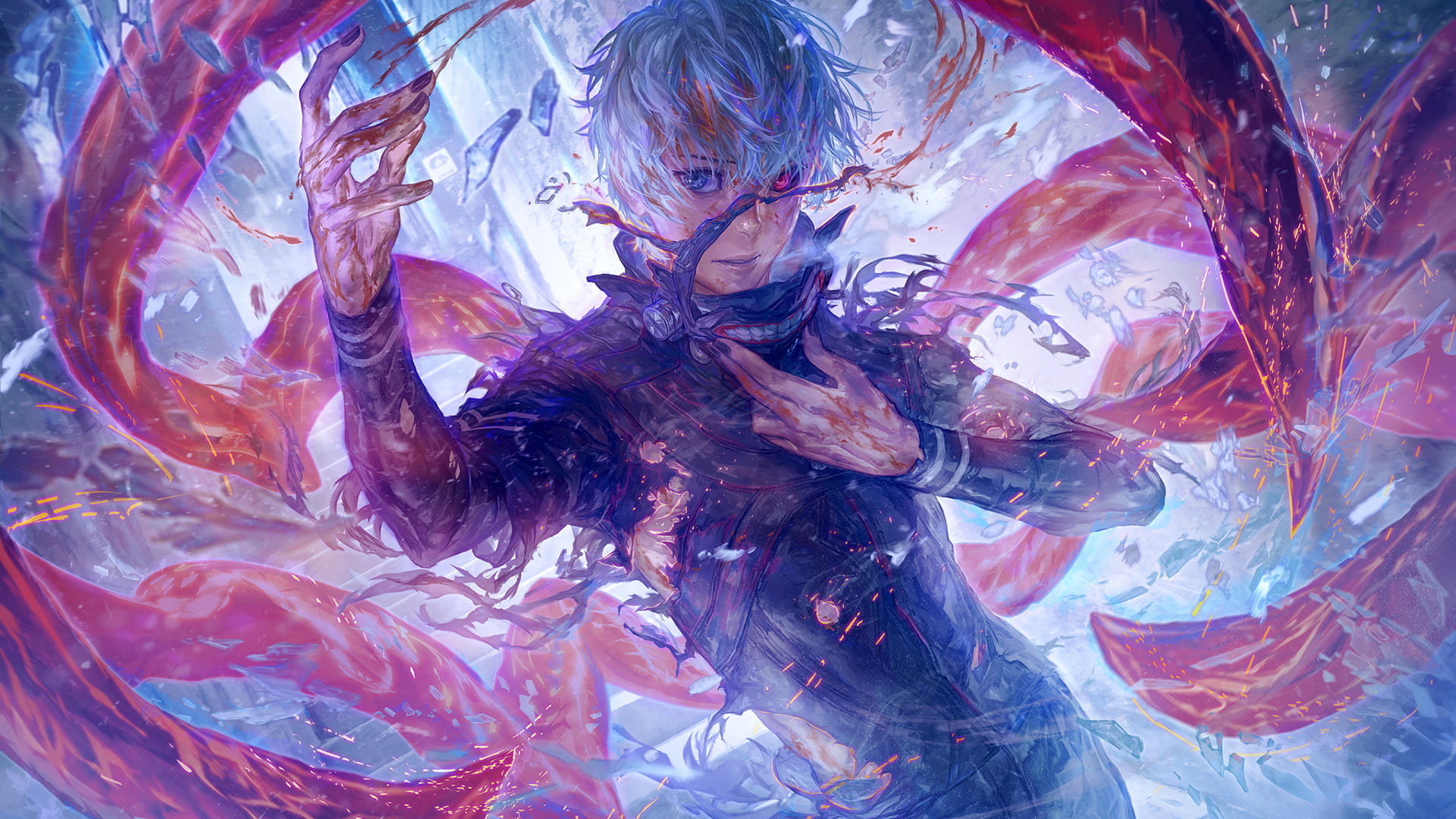 close-up, 1080P, Tokyo Ghoul:re, pattern, art and craft, white hair, haired, creativity, male, human body part, fantasy art, paintings, blue, Kaneki Ken, HD Wallpaper