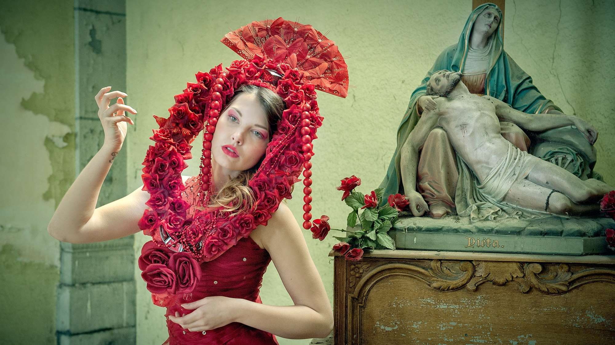 dancing, red, traditional clothing, flowering plant, portrait, flowers, glamour, indoors, lady, beautiful, human representation, beauty, child, women, one person, HD Wallpaper