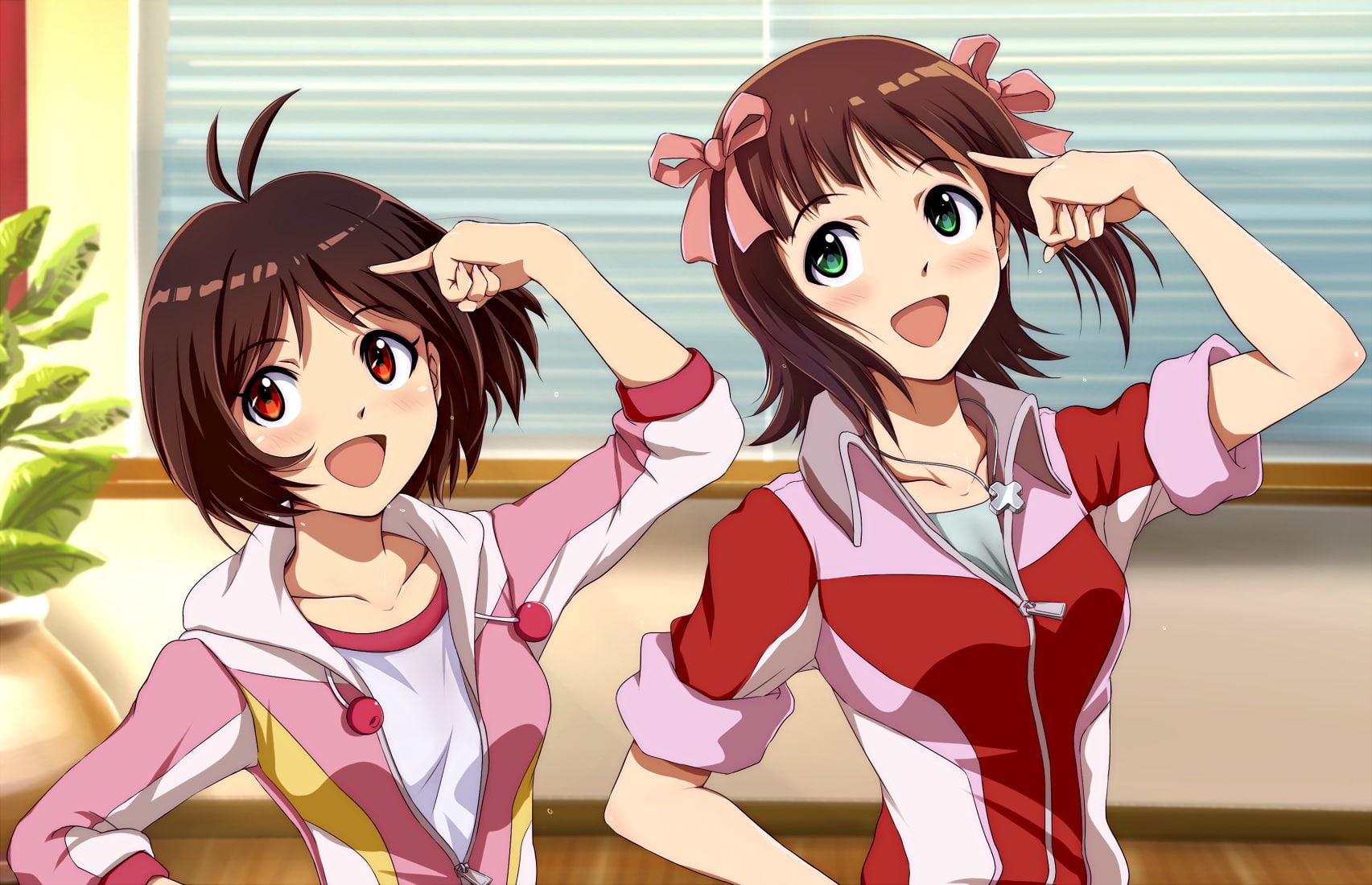 green, araburu hinadori, haruka, hair, short, 720P, hidaka, girls, brown, necklace, amami, eyes, ribbons, red, idolmaster, leaves, blush, HD Wallpaper