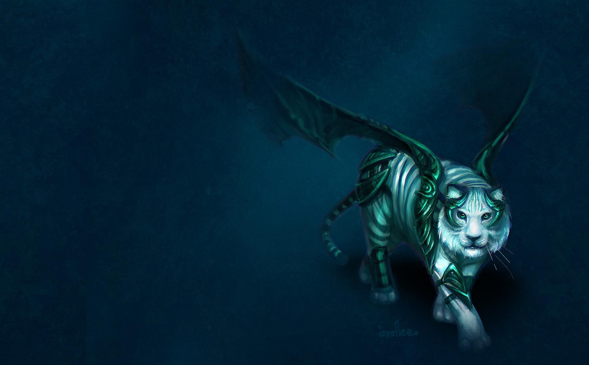 fantasy, animal, white, tiger, 1080P, green, blue, wings, HD Wallpaper