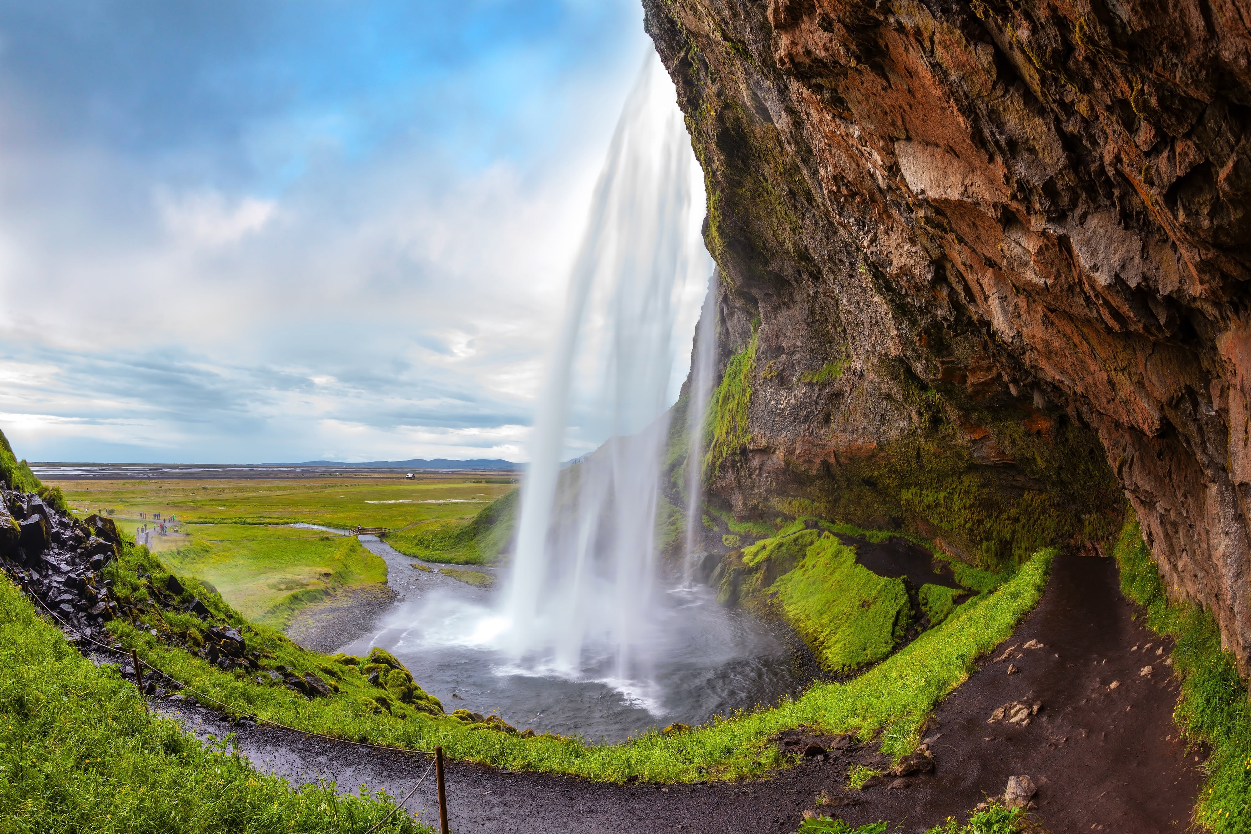 Seljalandsfoss, waterfall, Iceland, greens, grass, rock, 4K, moss, stones, HD Wallpaper