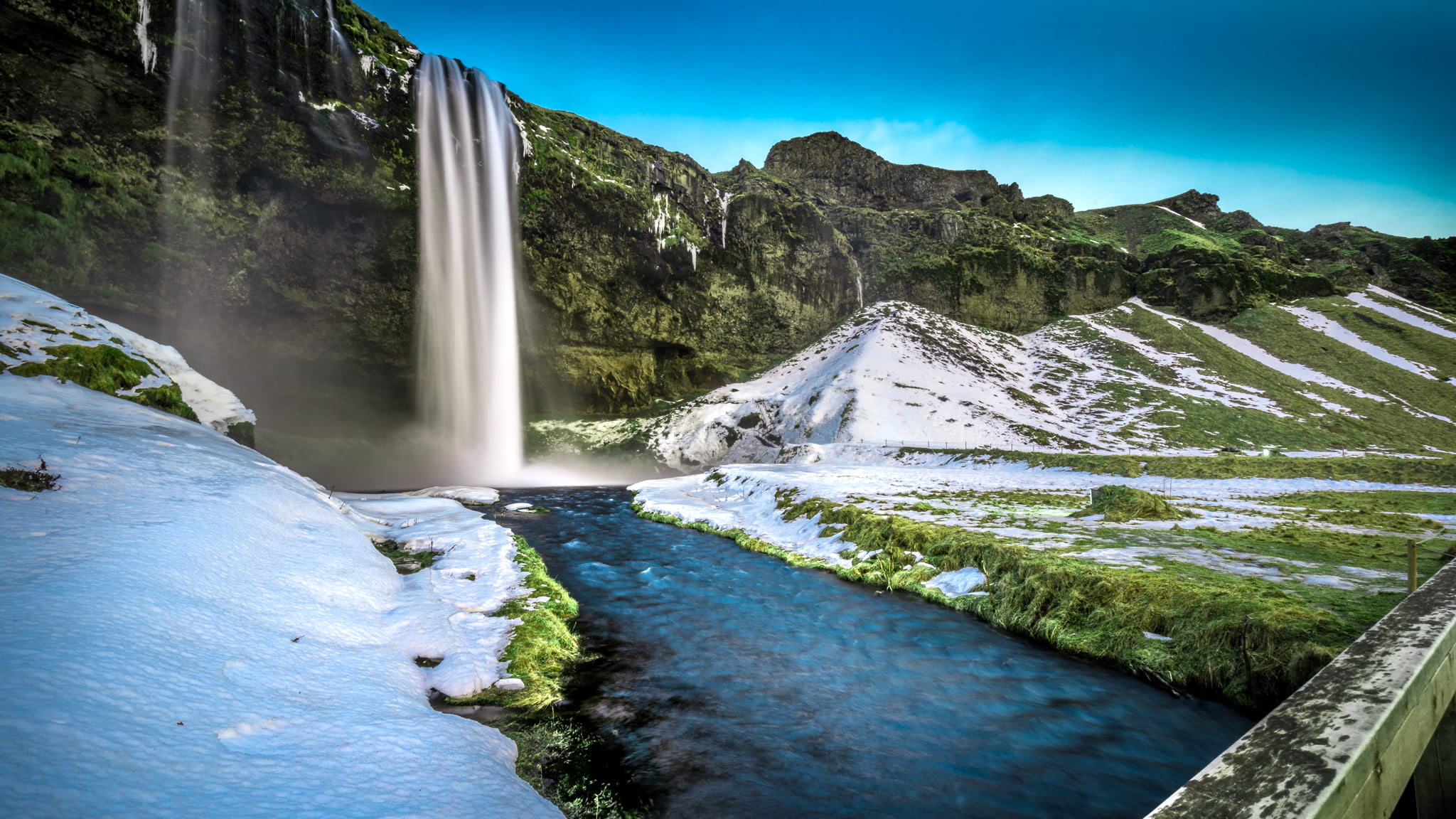 Iceland, beauty in nature, travel destinations, no people, waterfall, outdoors, green, sky, mountain, water, 1080P, snow, non-urban scene, blurred motion, HD Wallpaper