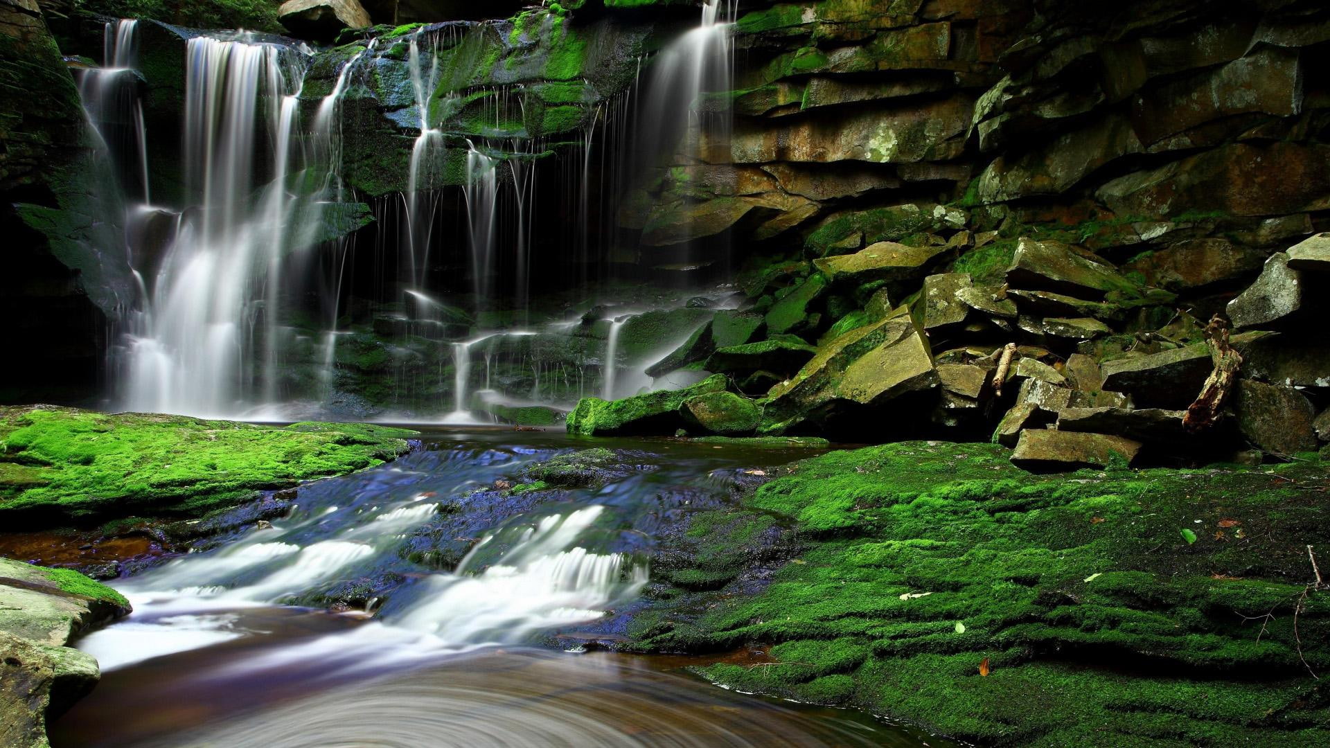 landscape, water, desktop, natural forest landscape desktop, moss, waterfalls, 1080P, natural, rocks, brook, stones, forest, HD Wallpaper