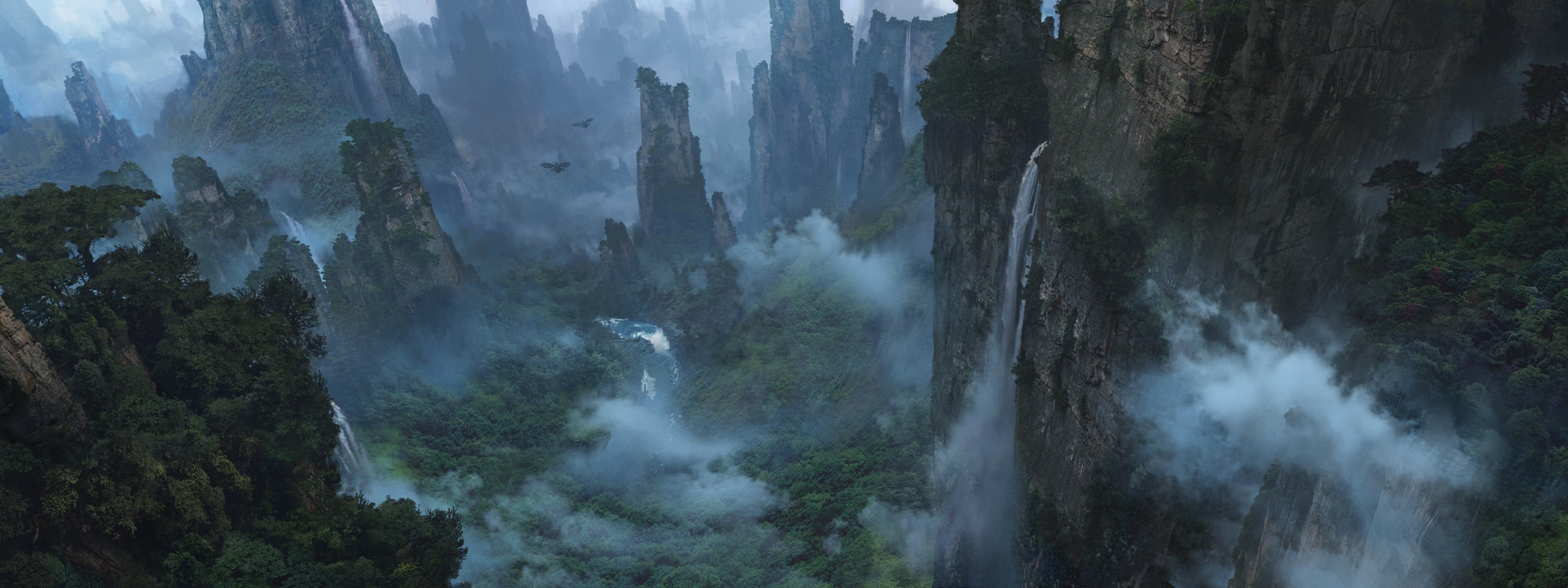 valley, flowing water, landscape, forest, environment, tranquility, tranquil scene, no people, power in nature, fog, motion, rock, Avatar, rock - object, HD Wallpaper