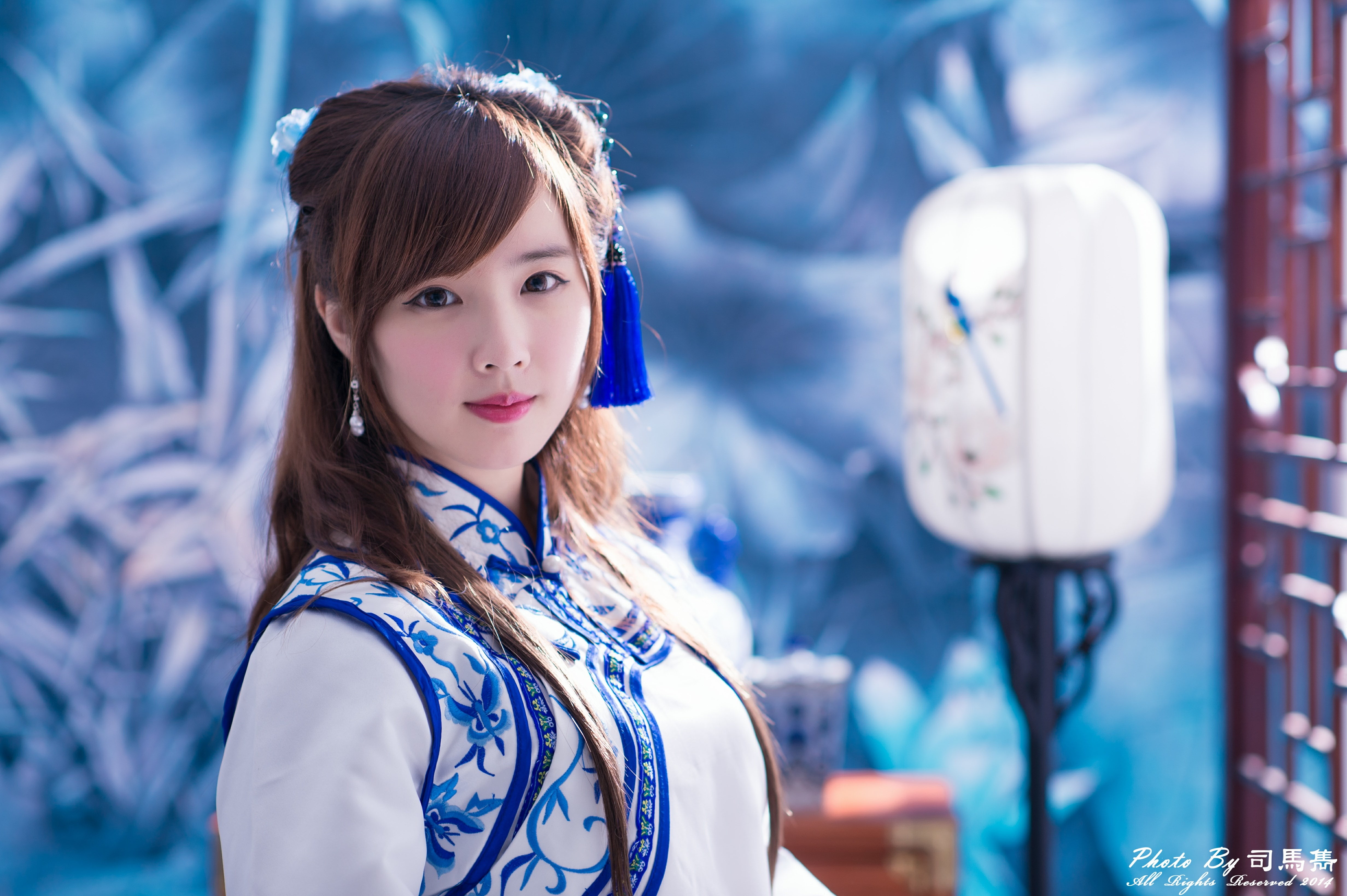 beauty, beautiful people, hair, hairstyle, yu chen zheng, portrait, fashion, bangs, standing, teenager, 4K, blue, long hair, young adult, one person, beautiful woman, HD Wallpaper