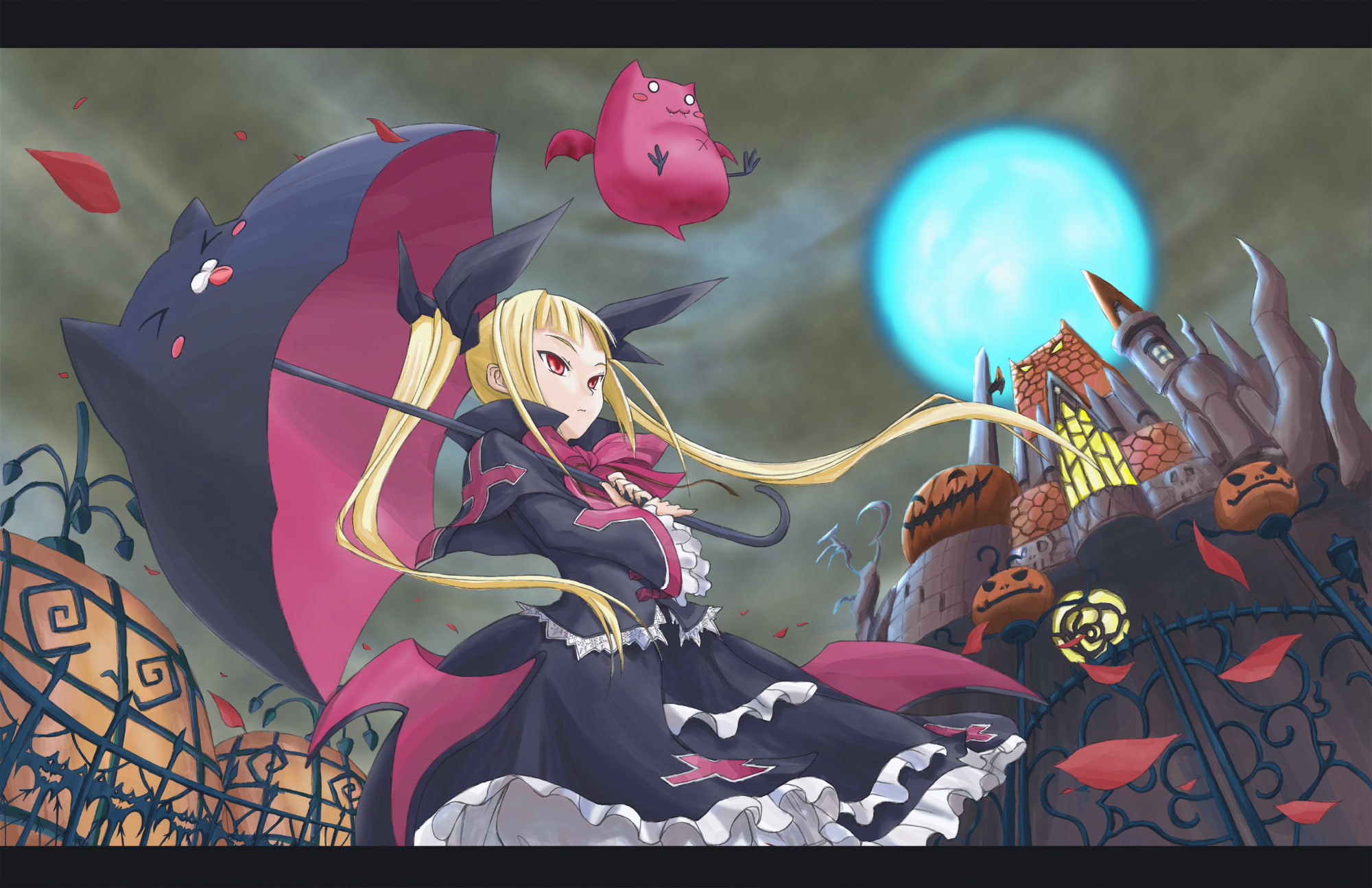 nago, hair, blazblue, dress, umbrella, blonde, moon, twintails, rachel, alucard, 1080P, HD Wallpaper