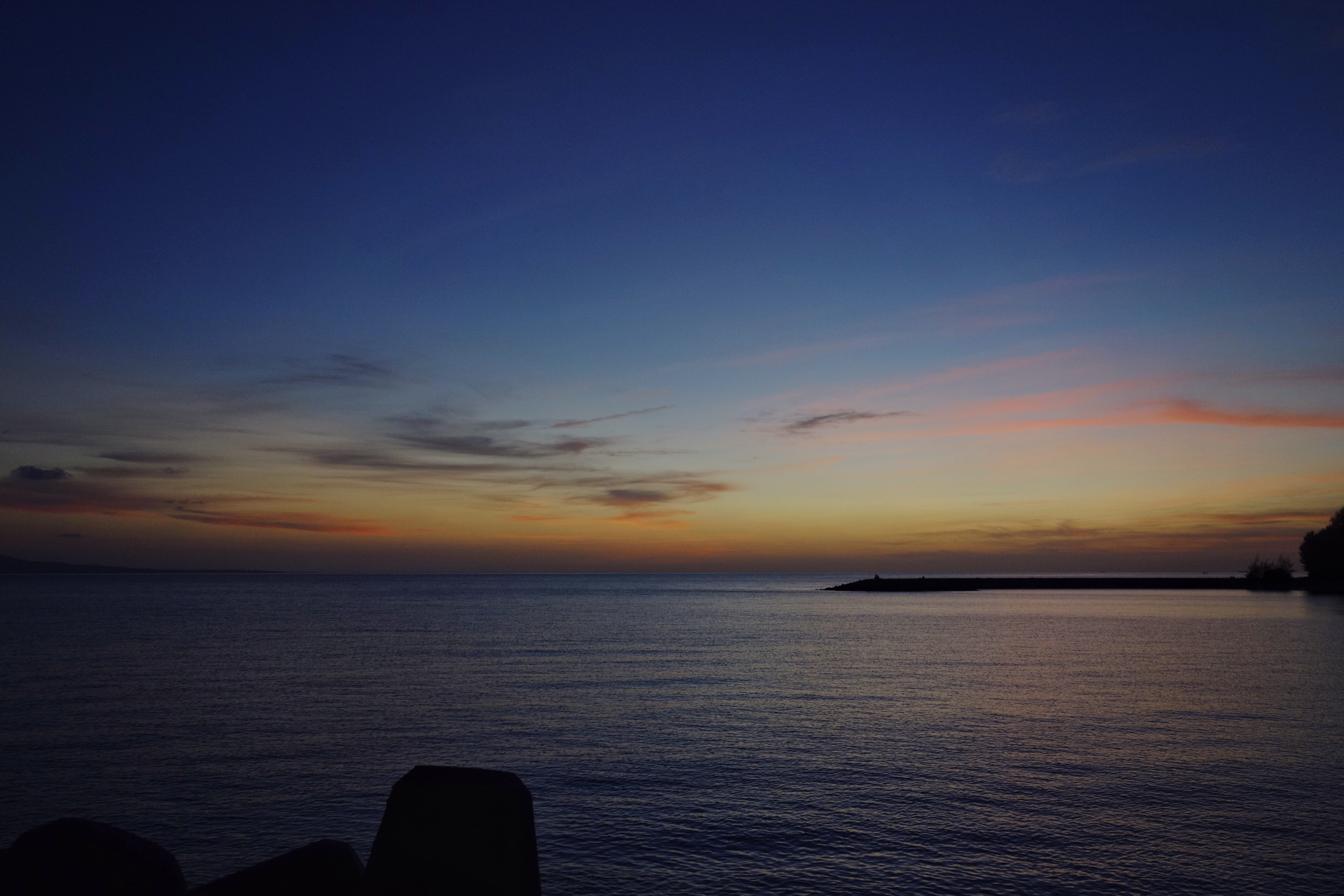 beauty in nature, non-urban scene, summer, blue, silhouette, no people, outdoors, cloud - sky, sea, okinawa, nature, horizon, tranquil scene, sunset, water, HD Wallpaper