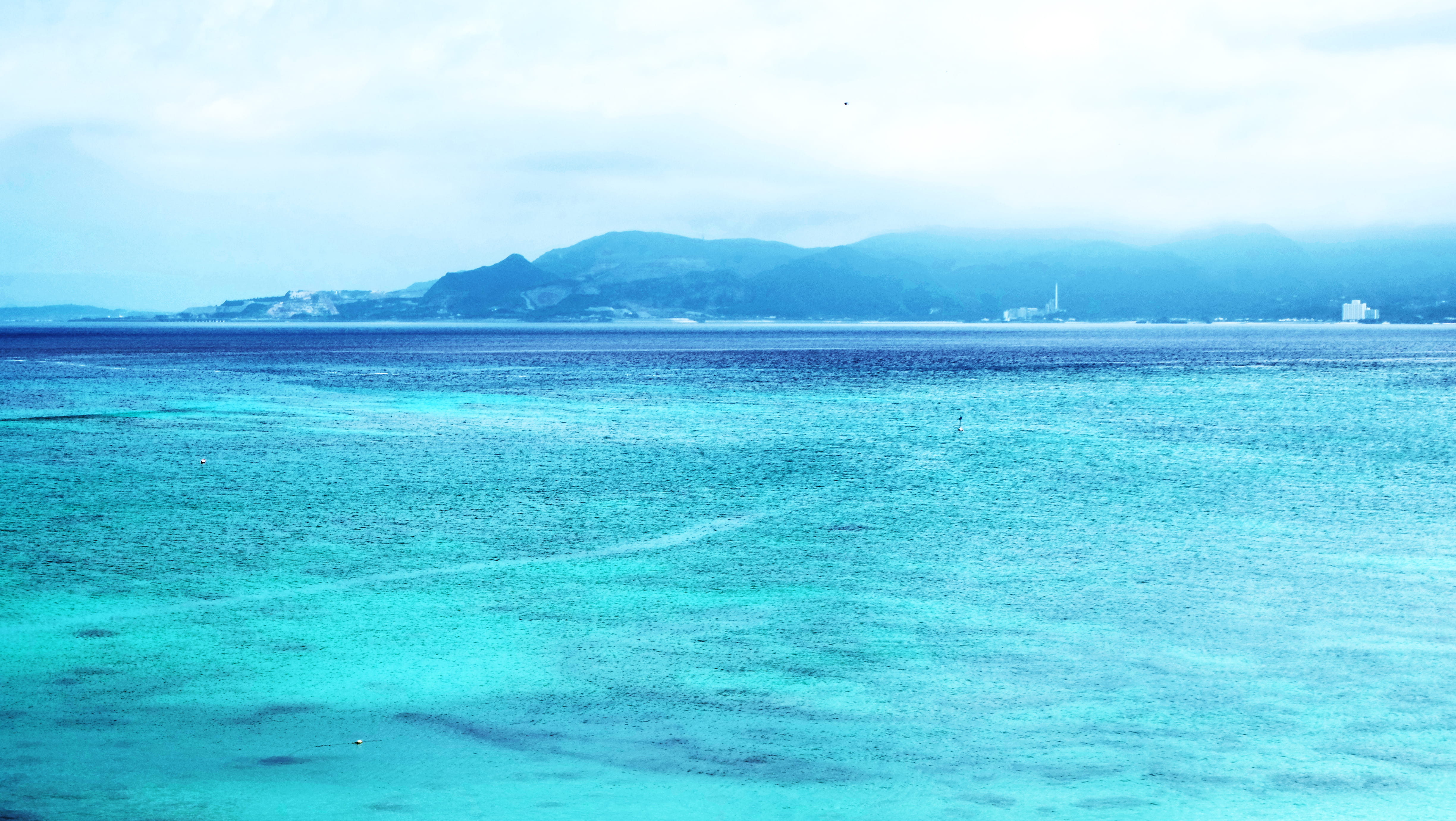 turquoise, day, scenics - nature, okinawa, land, sky, waterfront, cloud - sky, idyllic, nature, island, mountain, ocean, turquoise colored, non-urban scene, HD Wallpaper