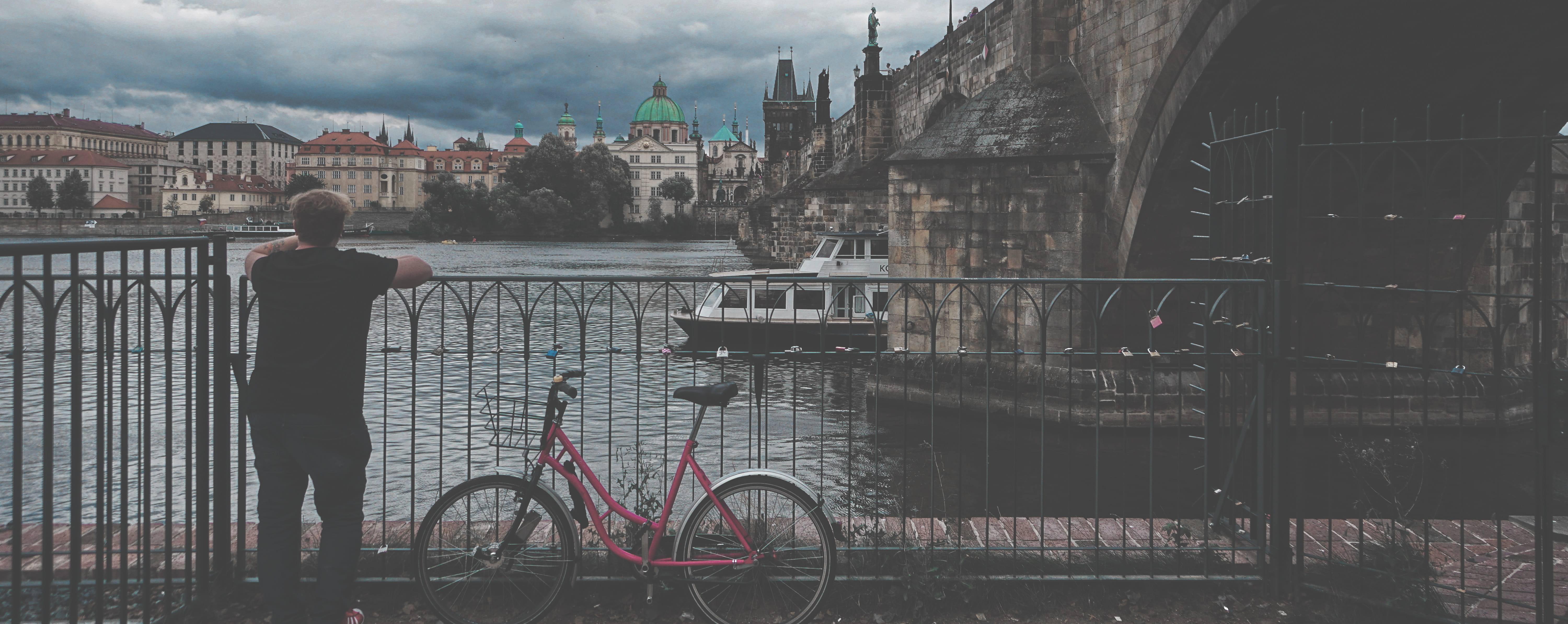 lifestyles, real people, river, prague, transportation, outdoors, sky, a6300, cityscape, stream, 6300, vltava, building exterior, standing, contemplation, HD Wallpaper