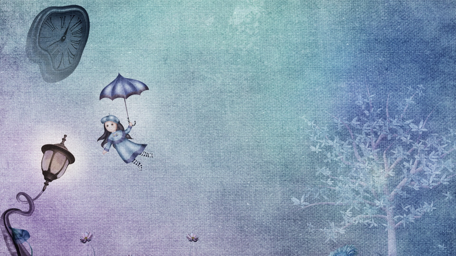 fantasy art, 1080P, paint, clock, child, tree, surrealistic, umbrella, surrealism, art, HD Wallpaper