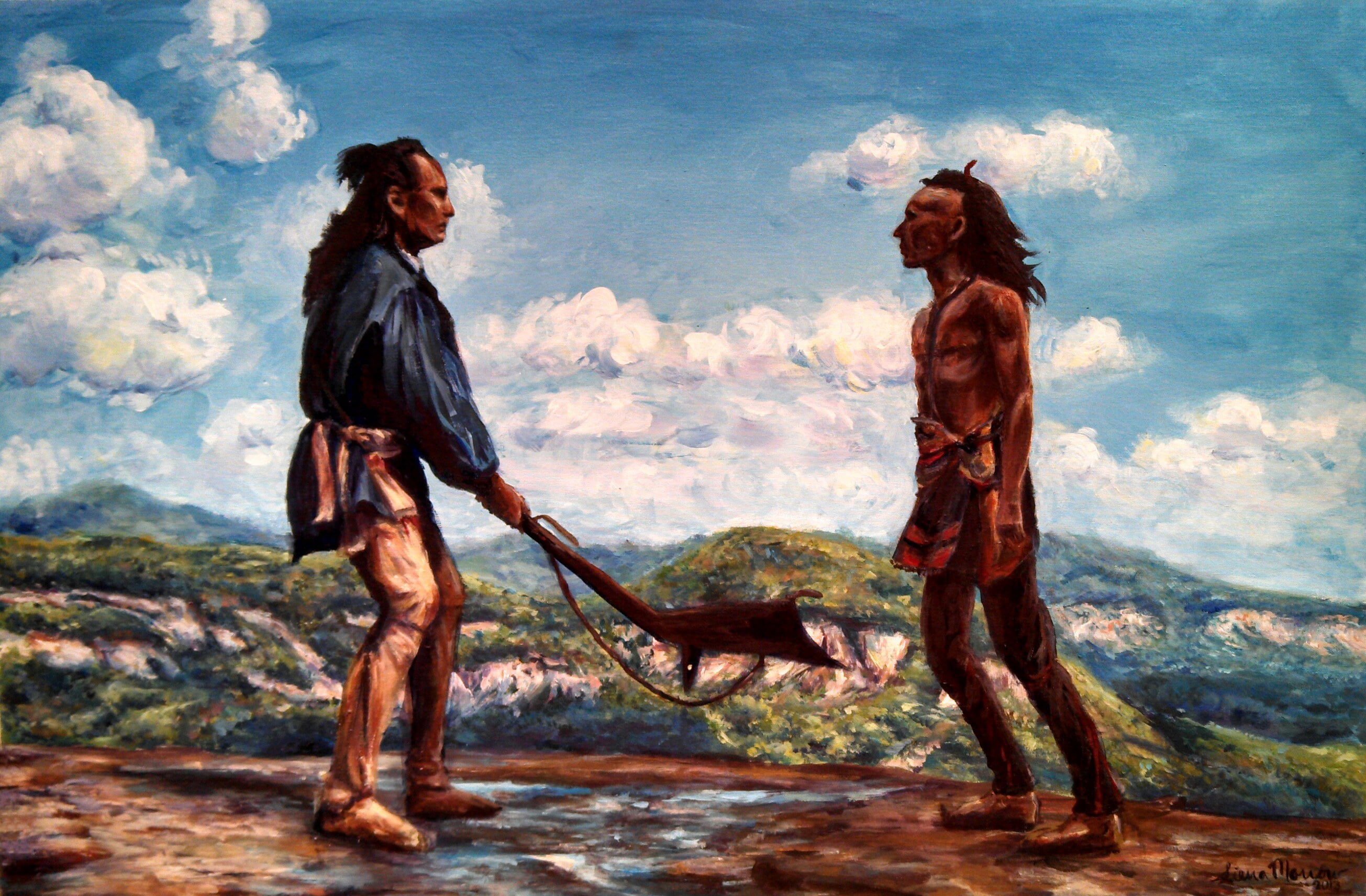 clouds, The last of the Mohicans, figure, rocks, the Indians, 2K, the sky, the fight, HD Wallpaper