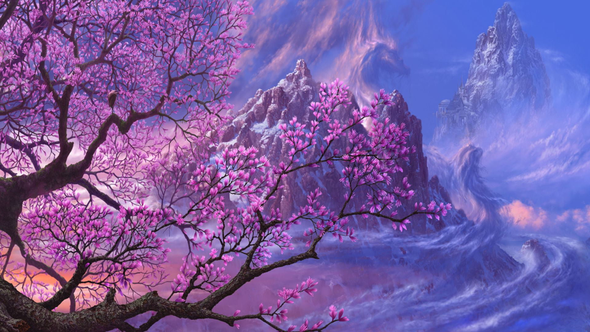 leafed, season, plant, rocks, tranquil scene, illustration, forest, winter, castle, if kazama uchio, tree, cherry tree, dragon, freshness, flowering plant, HD Wallpaper