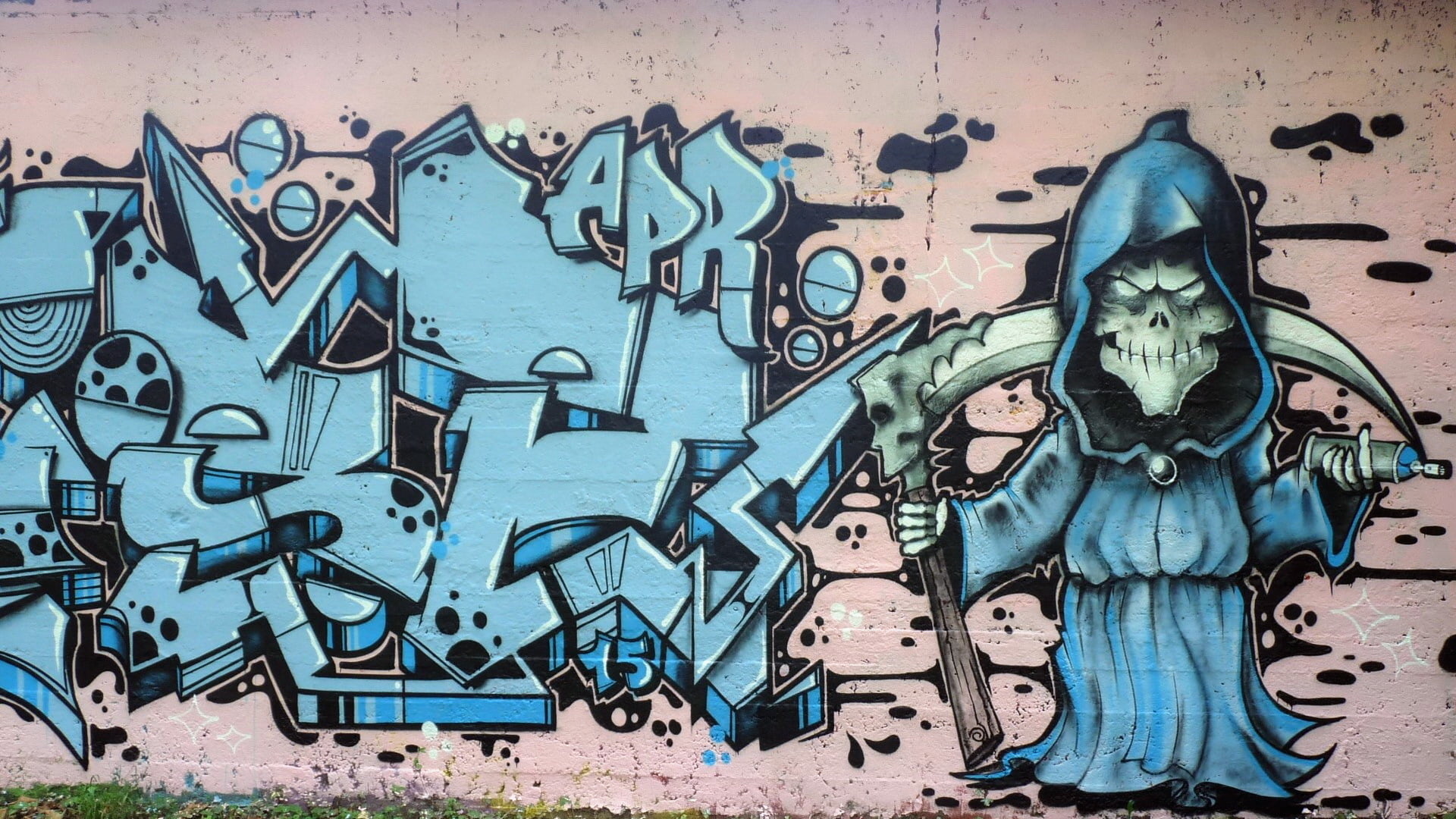 no people, 1080P, brick, reaper, mural, blue, built structure, male likeness, wall, figure, day, grim, grafiti, art and craft, craft, representation, creativity, HD Wallpaper