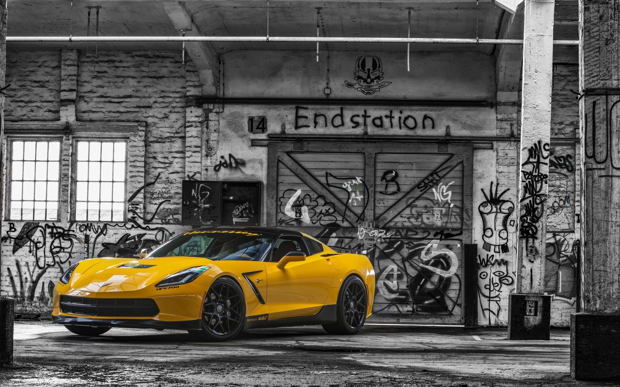 Chevrolet, grafiti, yellow, 2K, Ruffer Performance, Corvette, Stingray, gate, 2015, HPE700, HD Wallpaper