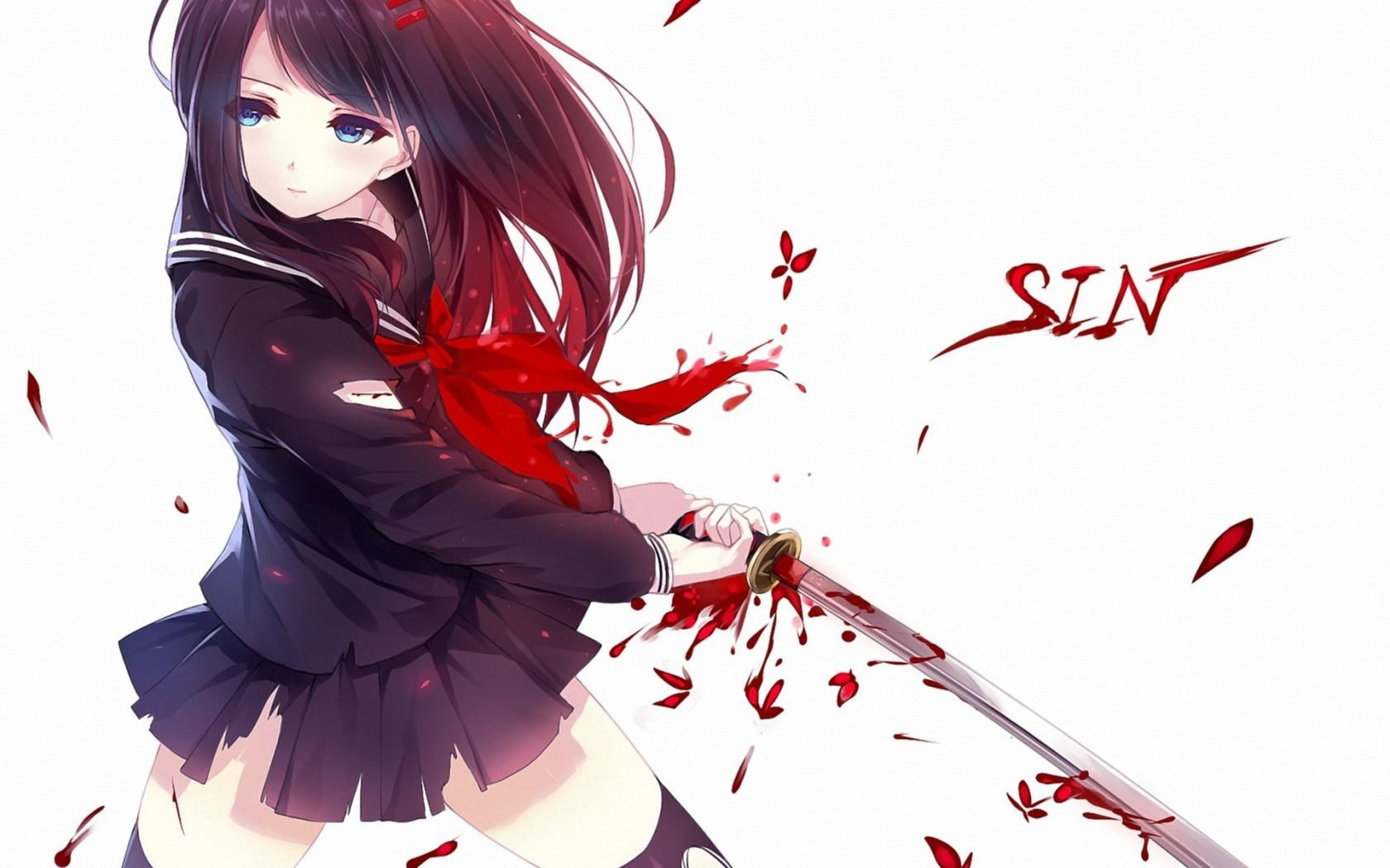 schoolgirl, blossoms, school-uniform, long-hair, anime-girl, black-hair, ribbon, blue-eyes, sin, sword, 720P, weap, blood, HD Wallpaper